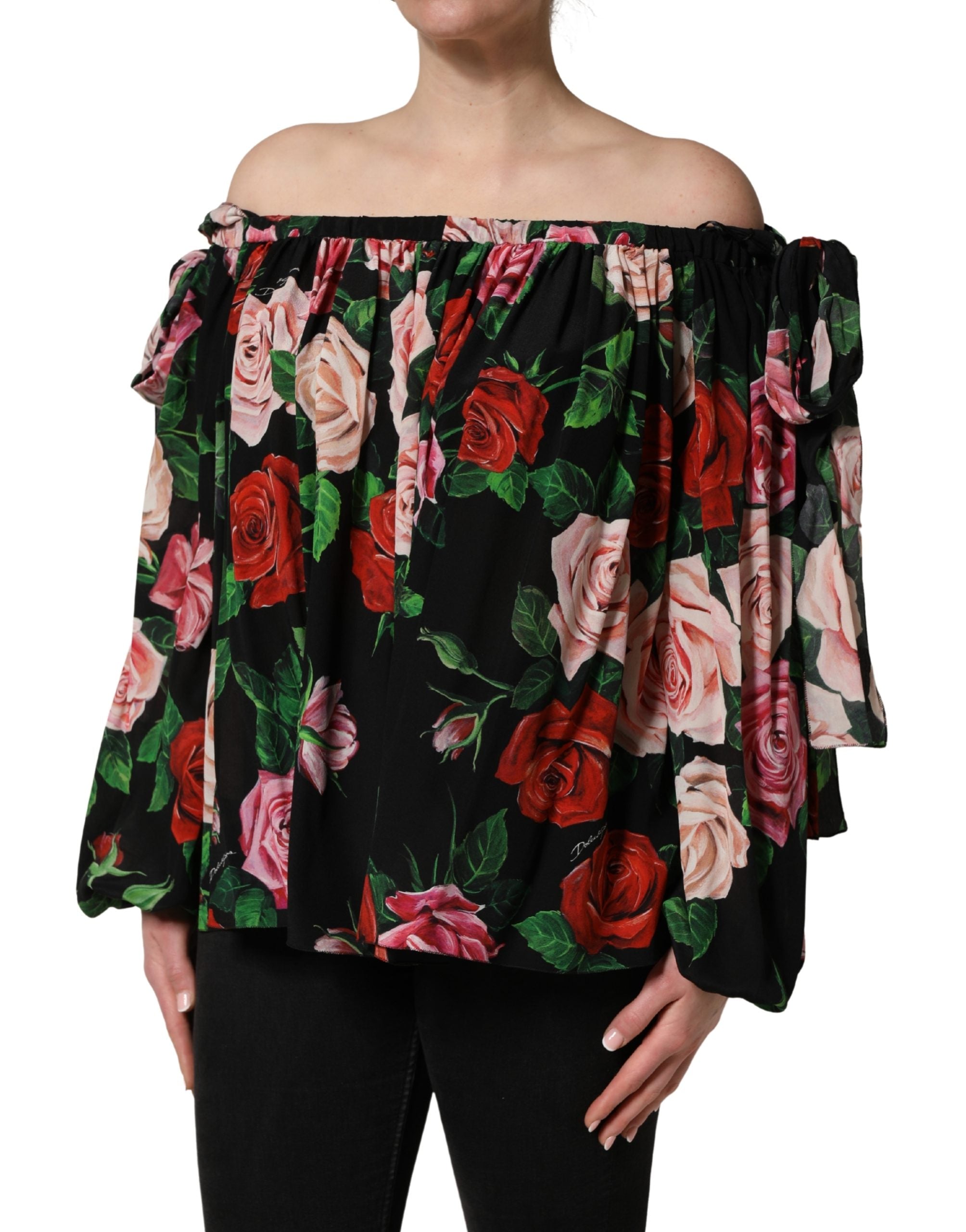 Dolce & Gabbana Schwarze Seidenbluse mit Rosenprint und Carmen-Ausschnitt-4