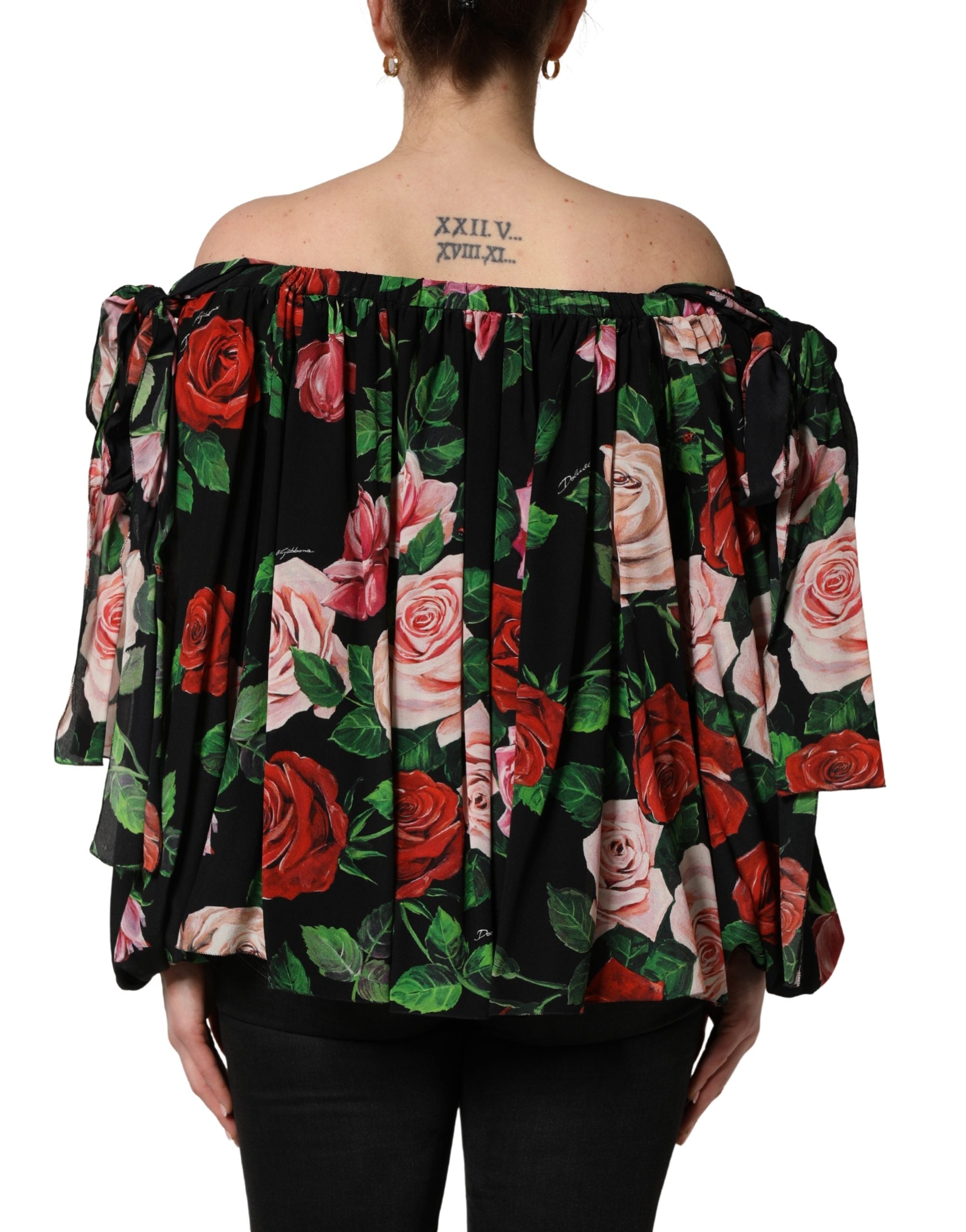 Dolce & Gabbana Schwarze Seidenbluse mit Rosenprint und Carmen-Ausschnitt-5
