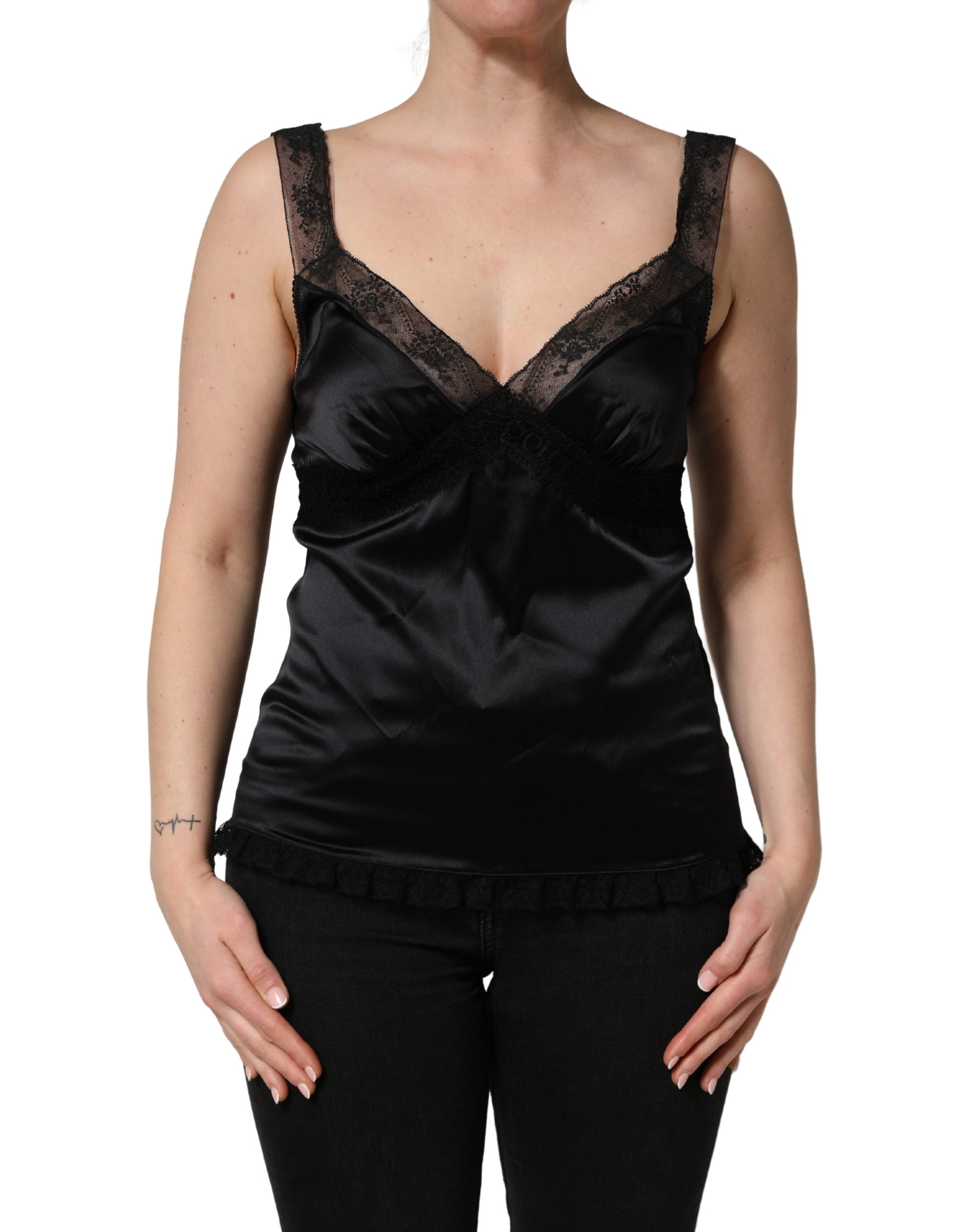 Dolce & Gabbana Schwarzes Seiden-Camisole mit Spitzenbesatz und V-Ausschnitt-3
