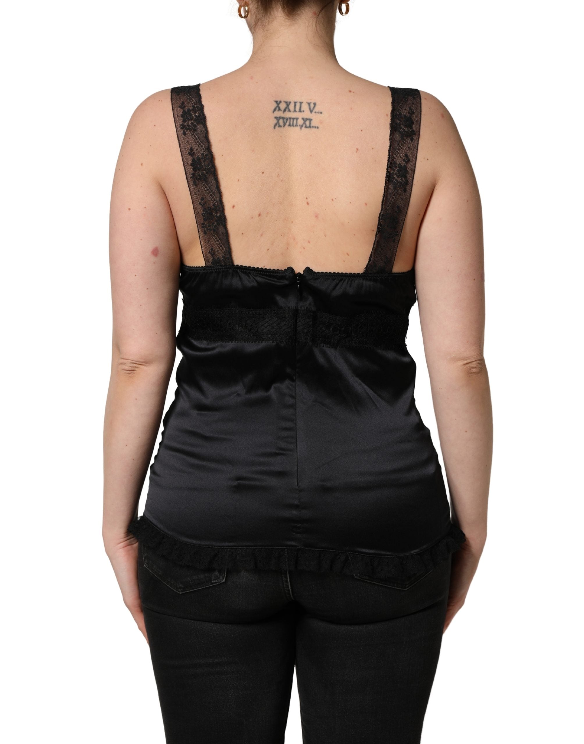 Dolce & Gabbana Schwarzes Seiden-Camisole mit Spitzenbesatz und V-Ausschnitt-5