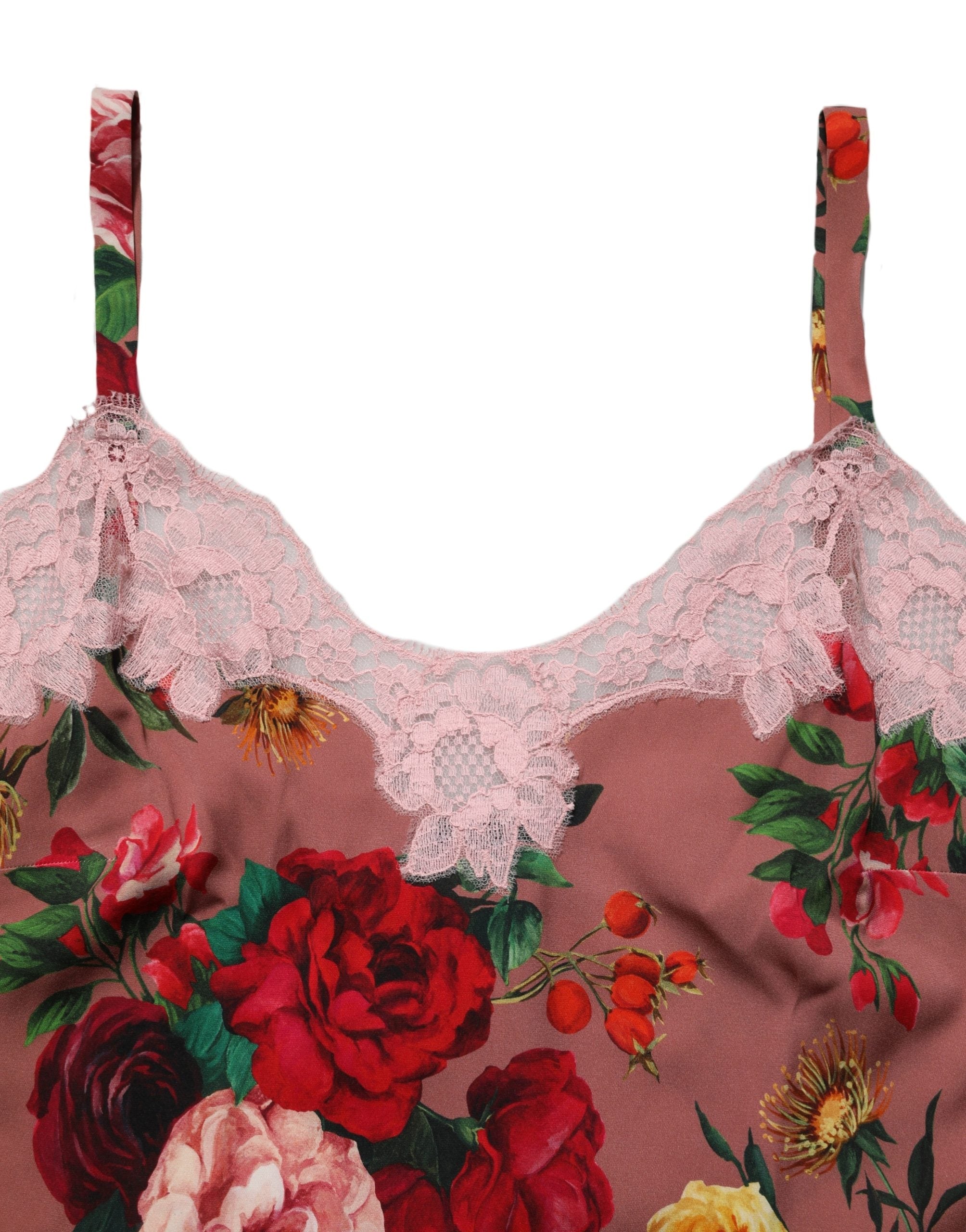 Dolce & Gabbana Braunes Satin-Spitzentop mit Rosenprint-1