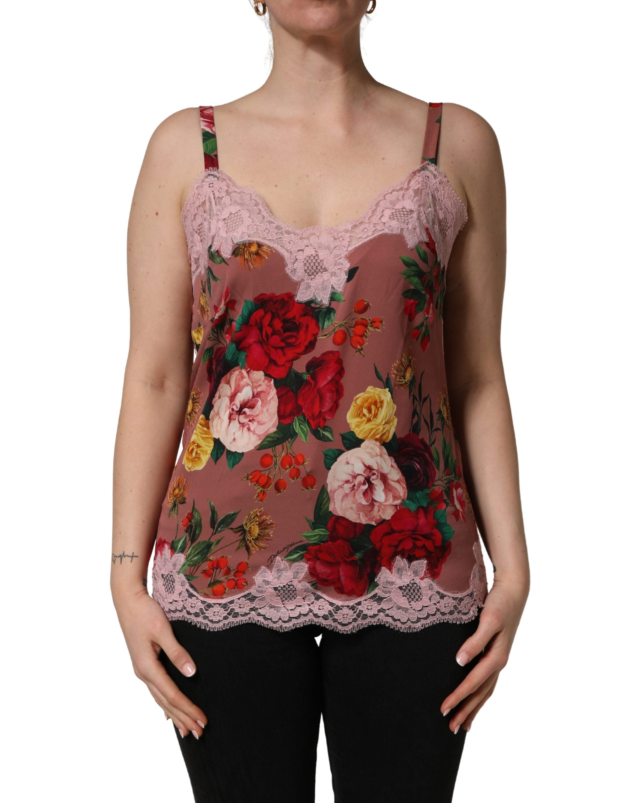 Dolce & Gabbana Braunes Satin-Spitzentop mit Rosenprint-2