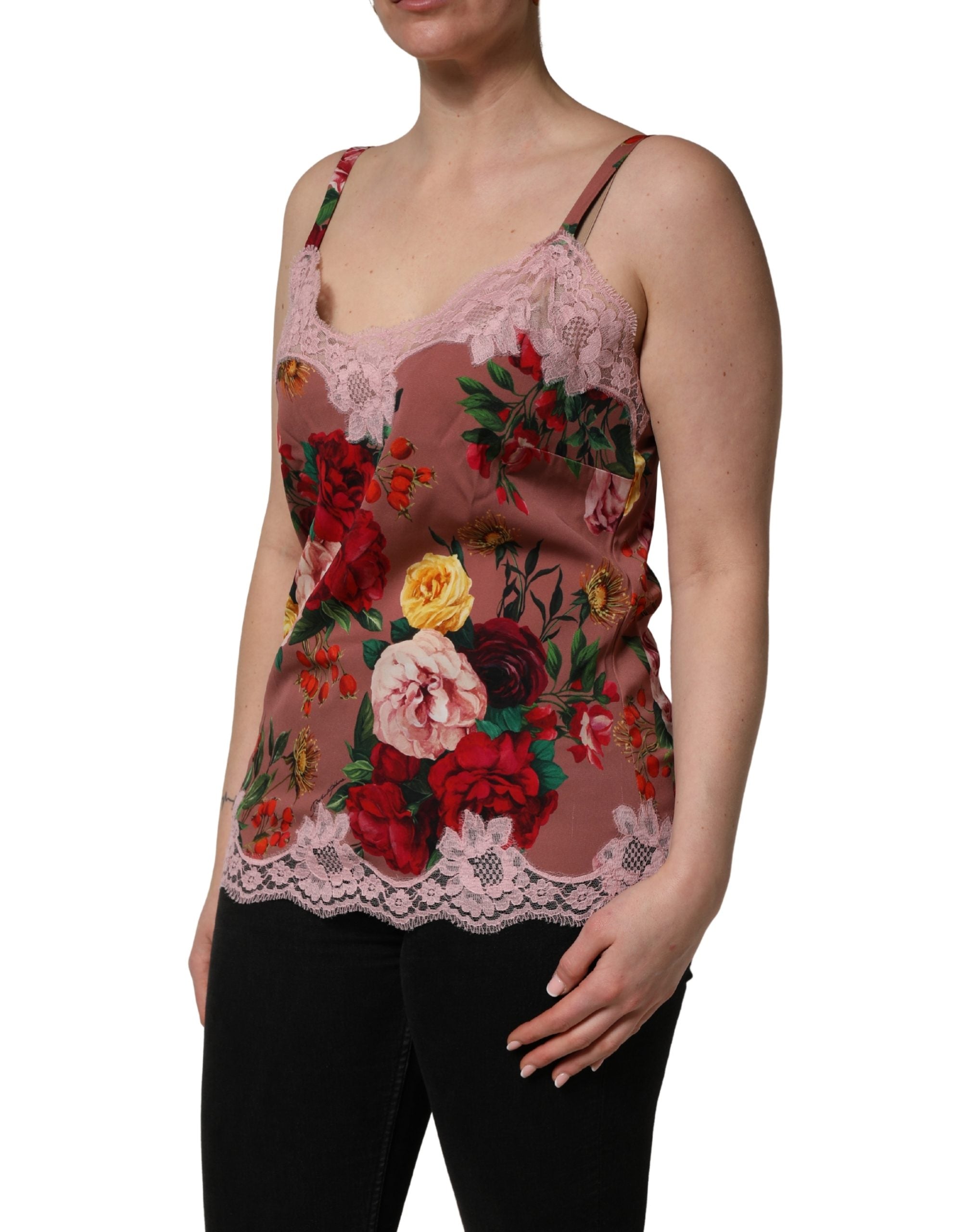 Dolce & Gabbana Braunes Satin-Spitzentop mit Rosenprint-4