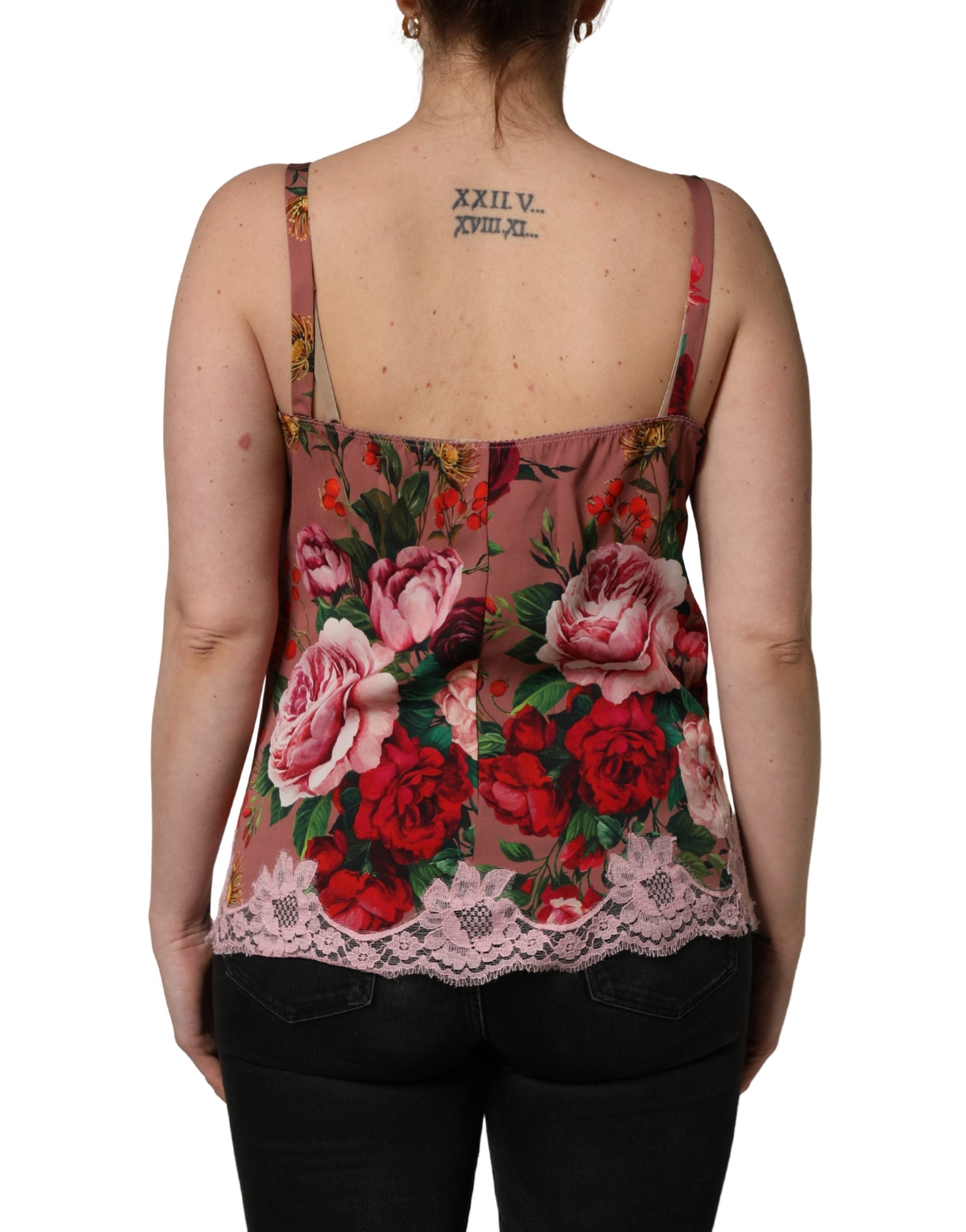 Dolce & Gabbana Braunes Satin-Spitzentop mit Rosenprint-5