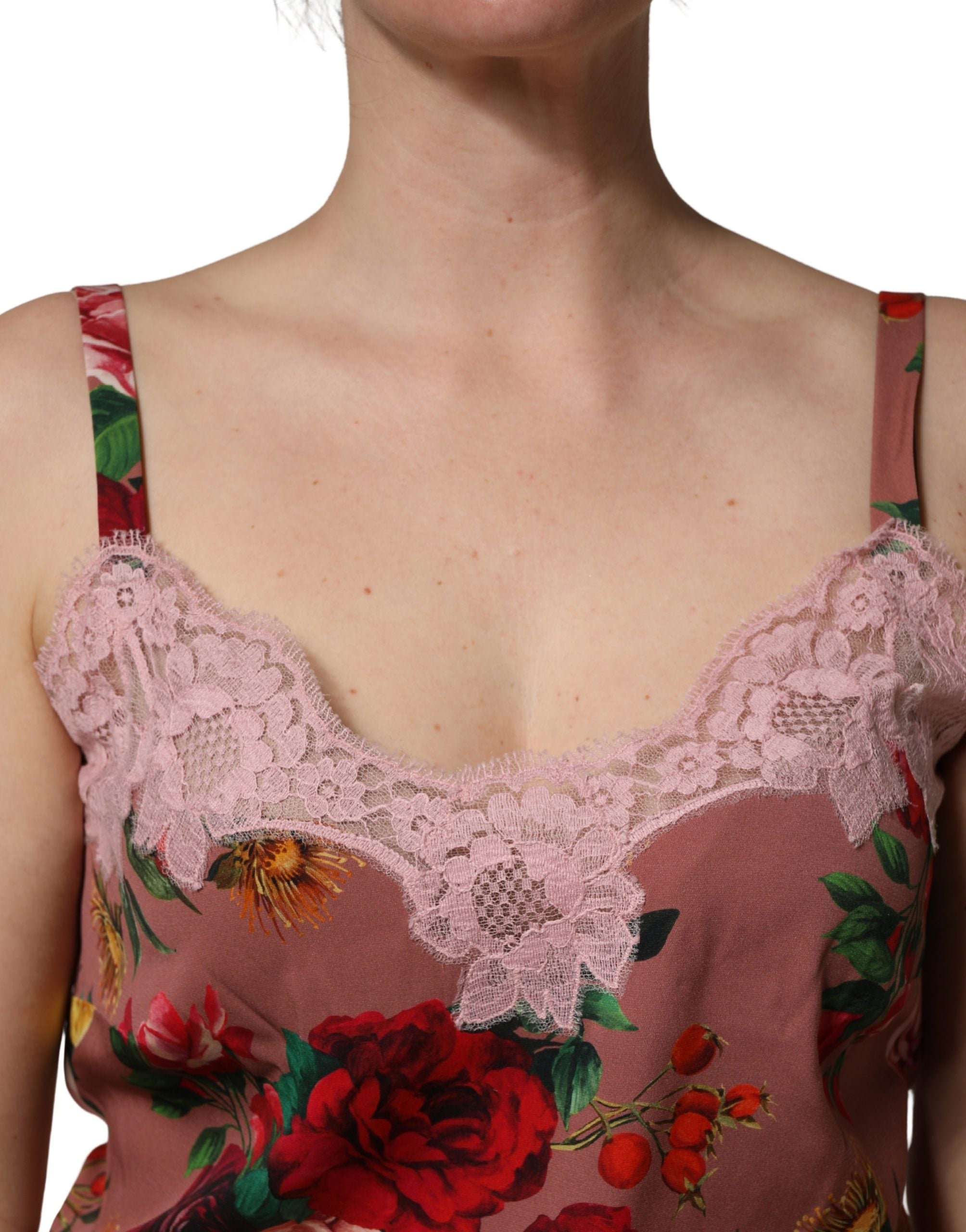 Dolce & Gabbana Braunes Satin-Spitzentop mit Rosenprint-6