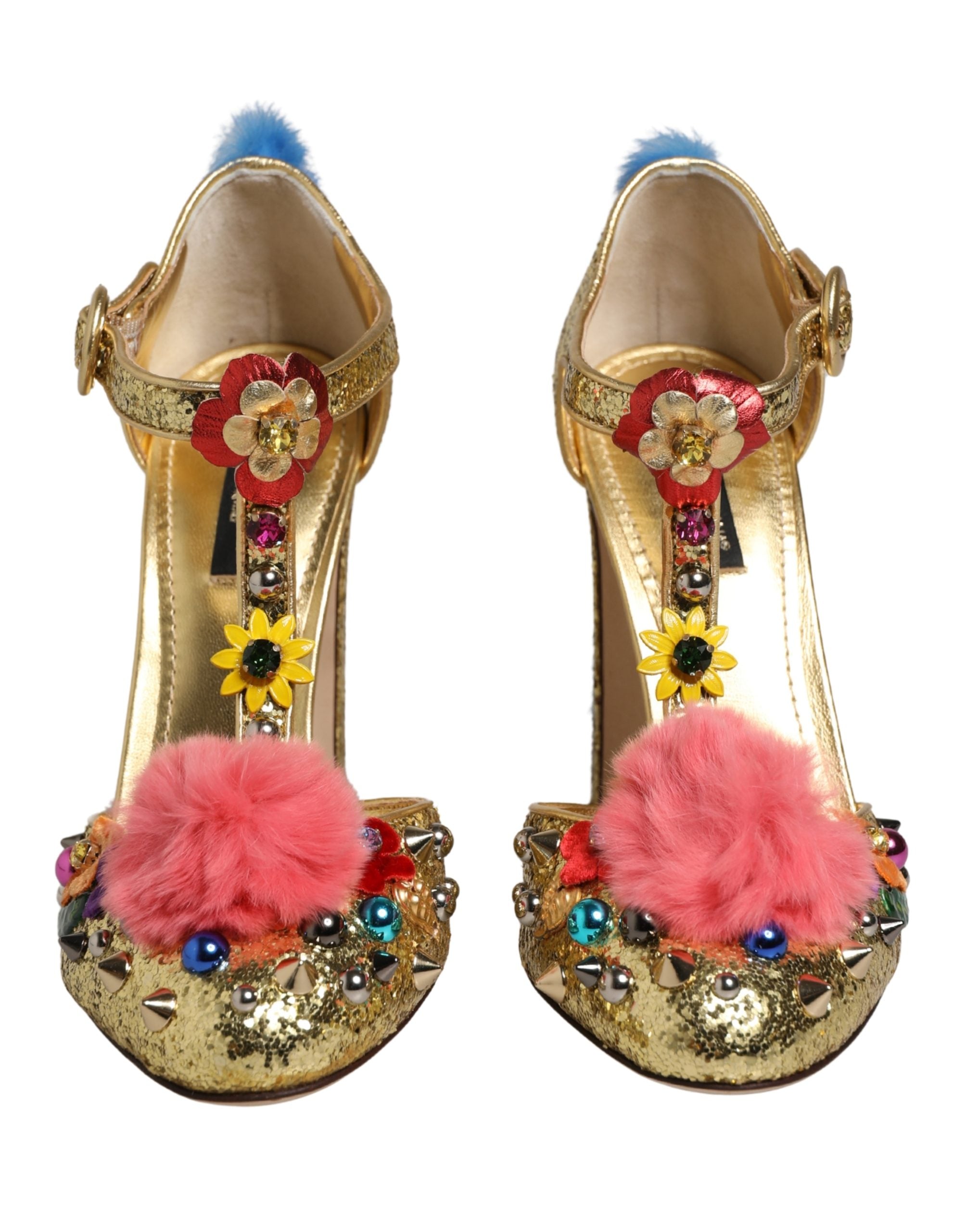 Dolce & Gabbana Gold Fur Trim Glitter T-strap Sandals Shoes-2