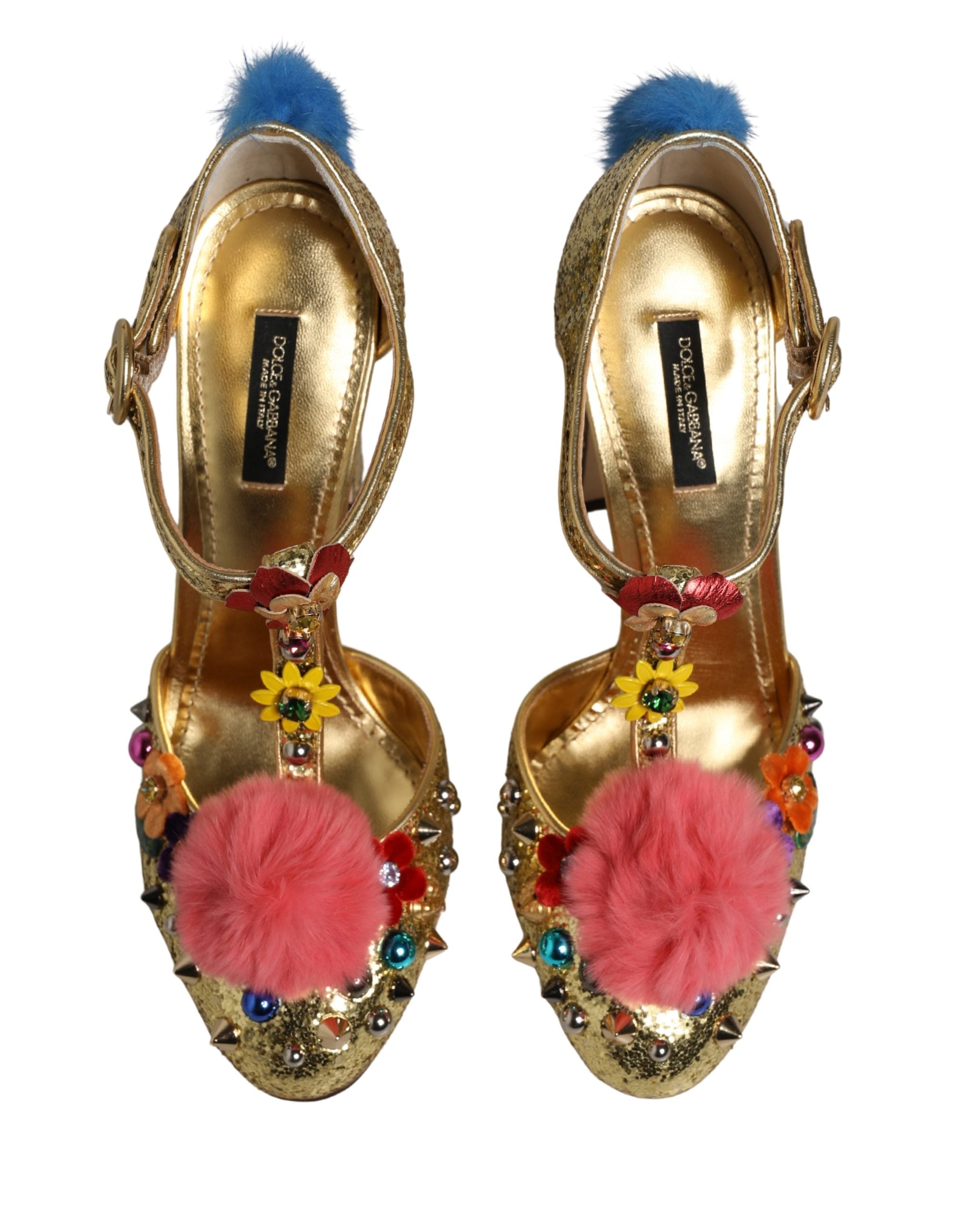Dolce & Gabbana Gold Fur Trim Glitter T-strap Sandals Shoes-3