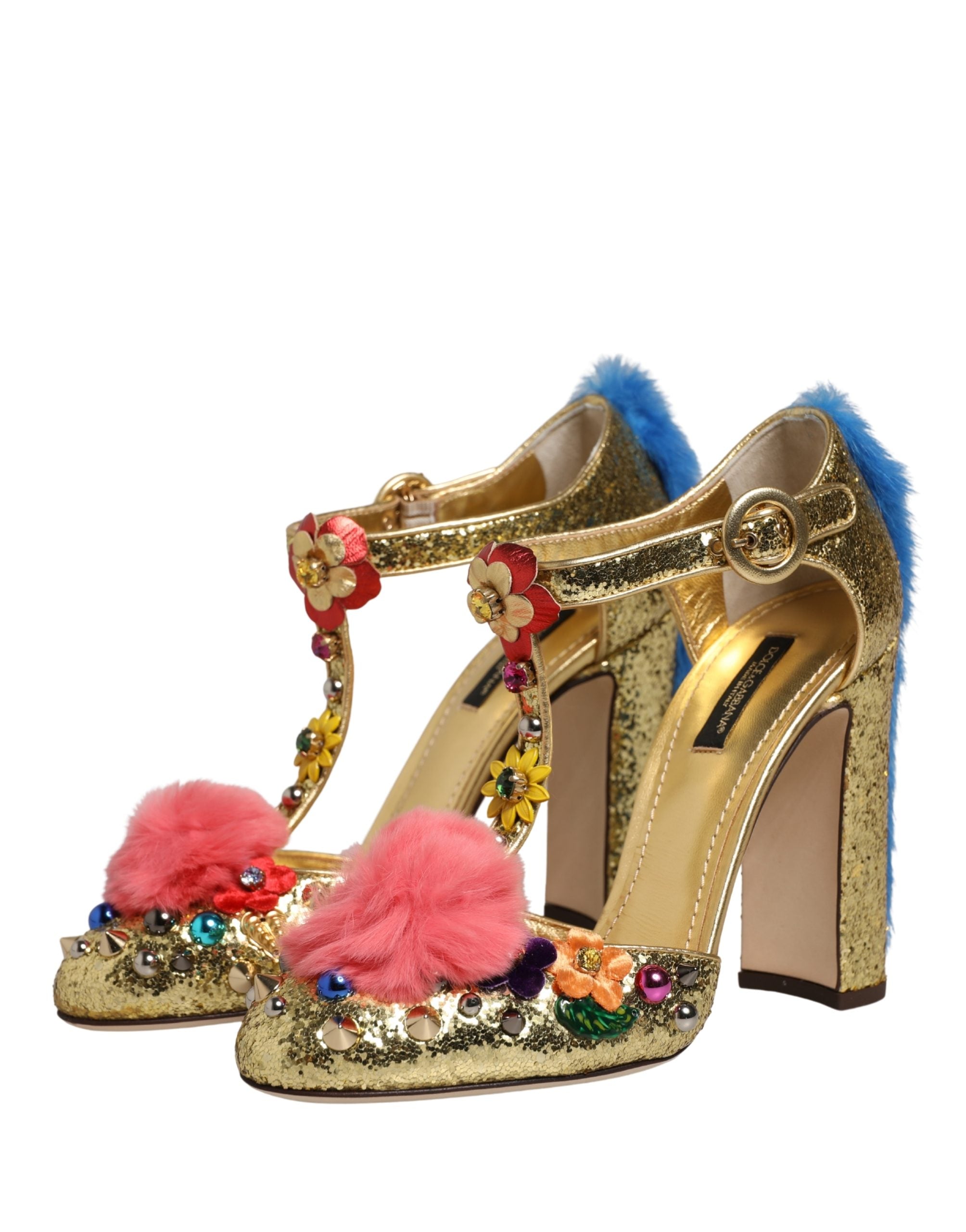 Dolce & Gabbana Gold Fur Trim Glitter T-strap Sandals Shoes-4
