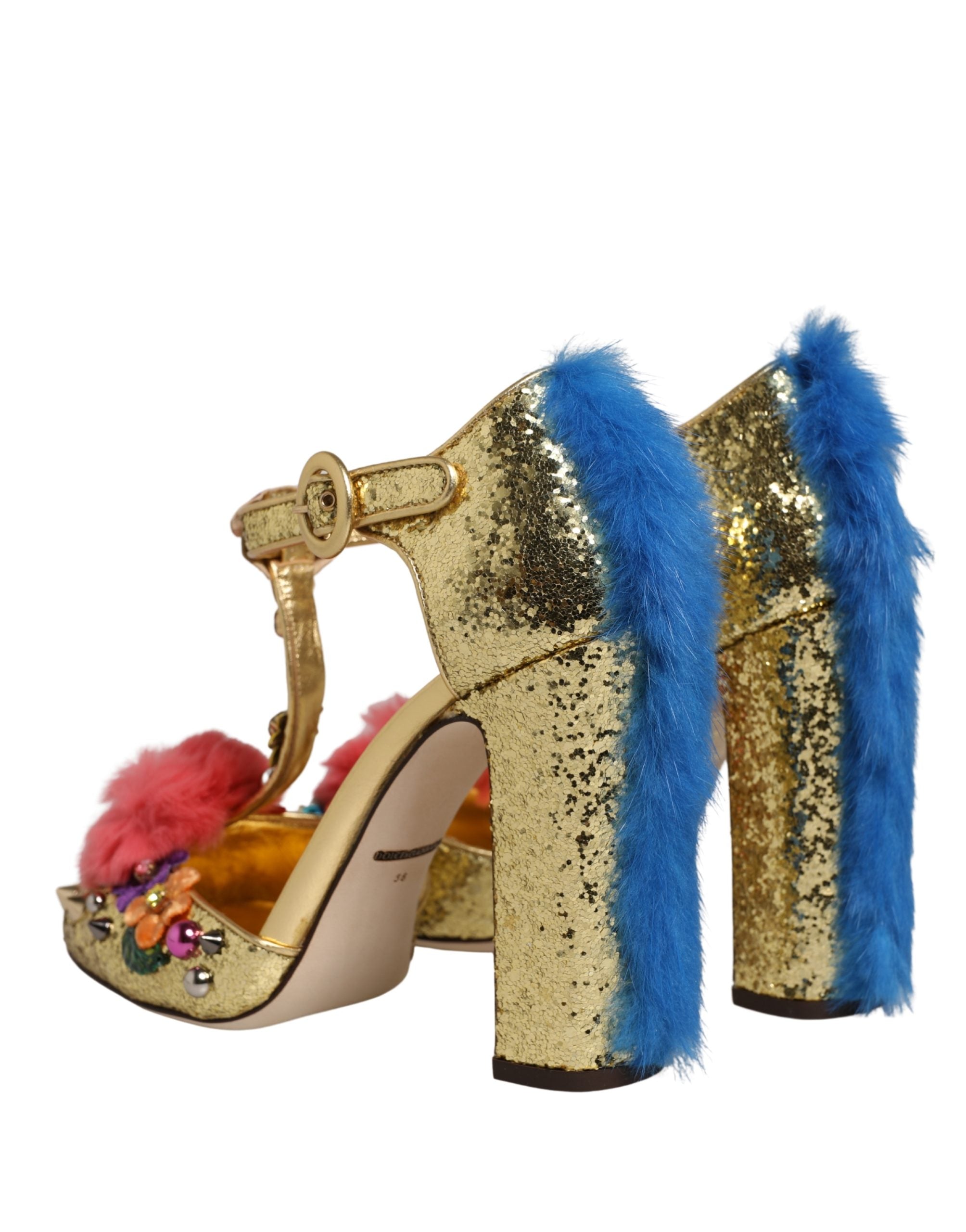 Dolce & Gabbana Gold Fur Trim Glitter T-strap Sandals Shoes-5