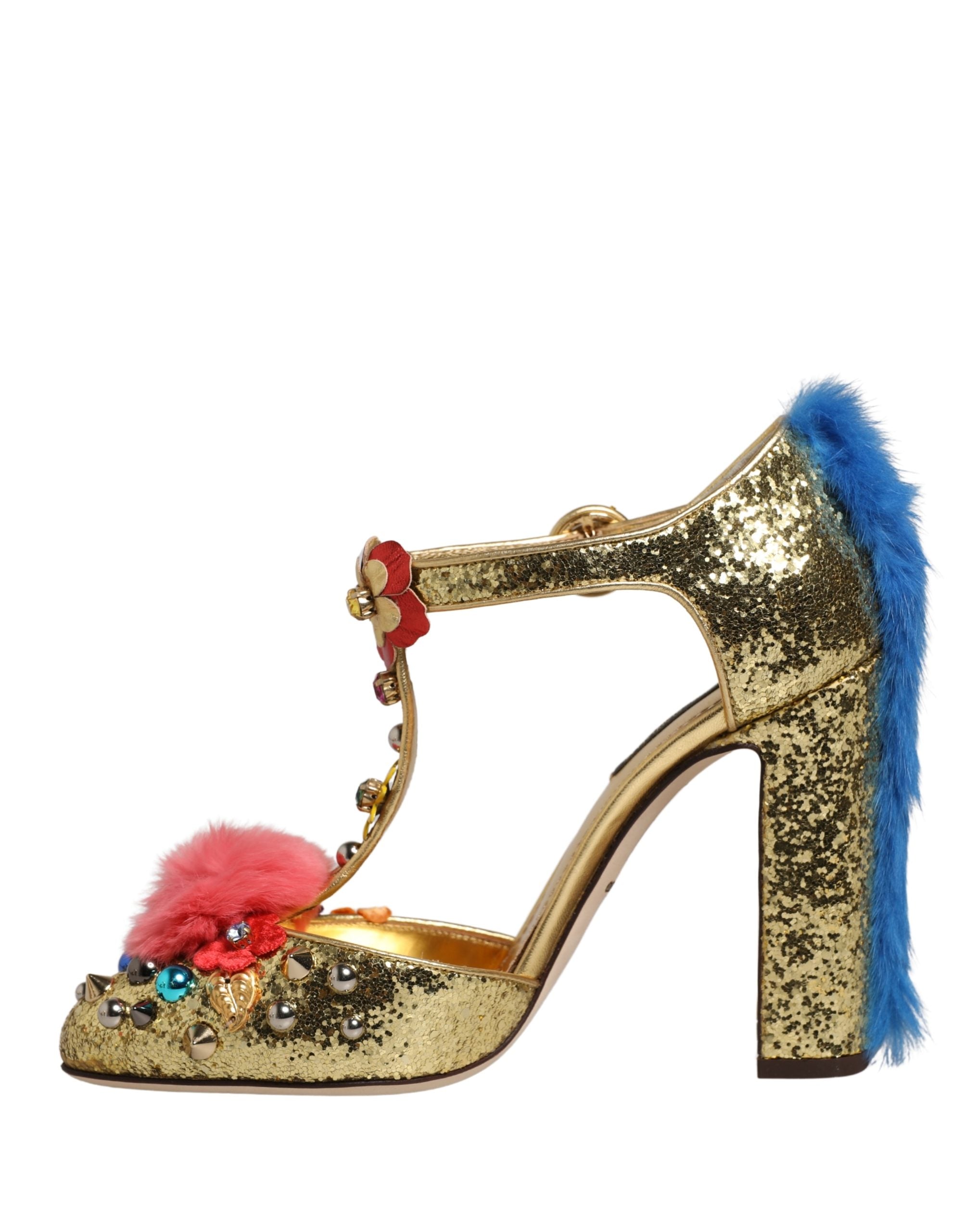 Dolce & Gabbana Gold Fur Trim Glitter T-strap Sandals Shoes-6