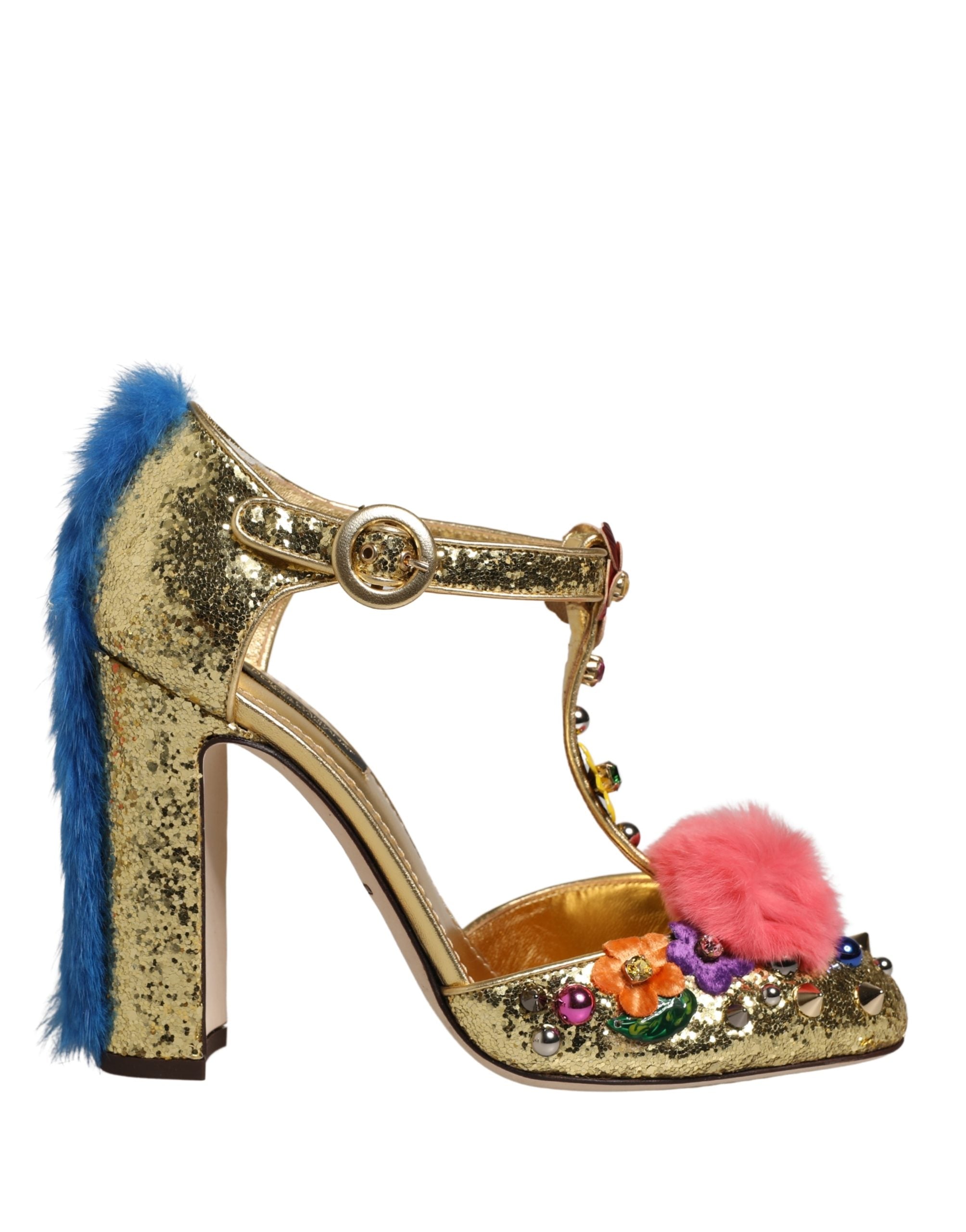 Dolce & Gabbana Gold Fur Trim Glitter T-strap Sandals Shoes-8