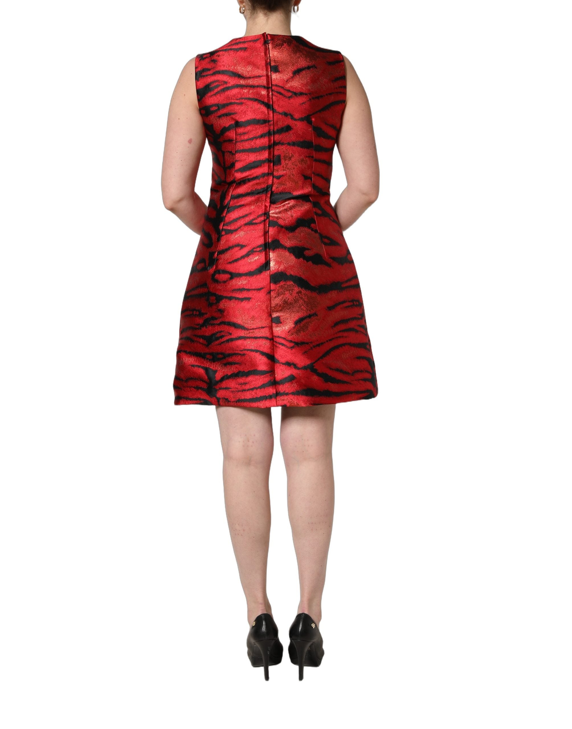 Dolce & Gabbana Red and Black Tiger Print Jacquard Dress with Flared Skirt