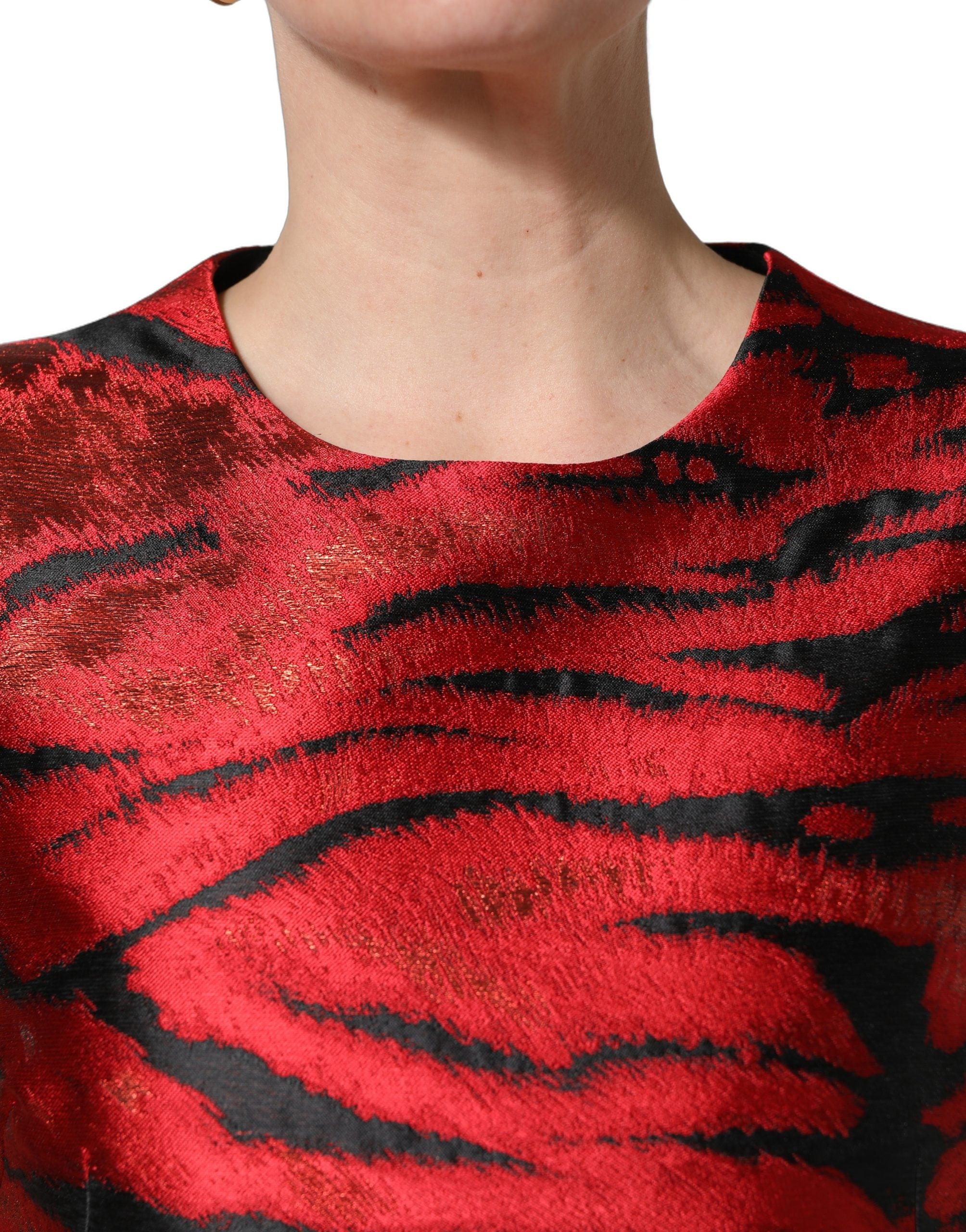 Dolce & Gabbana Red and Black Tiger Print Jacquard Dress with Flared Skirt-2