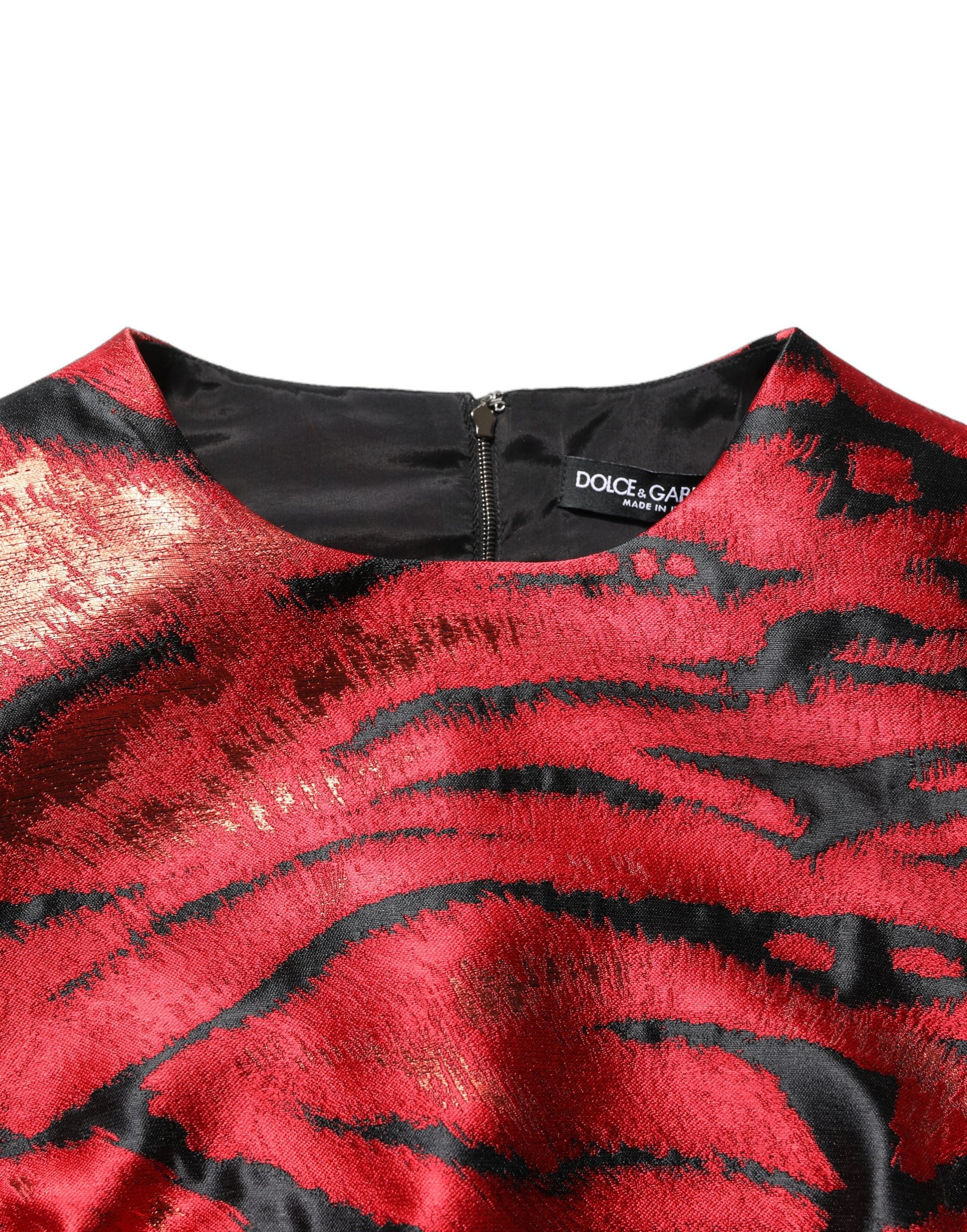 Dolce & Gabbana Red and Black Tiger Print Jacquard Dress with Flared Skirt-3