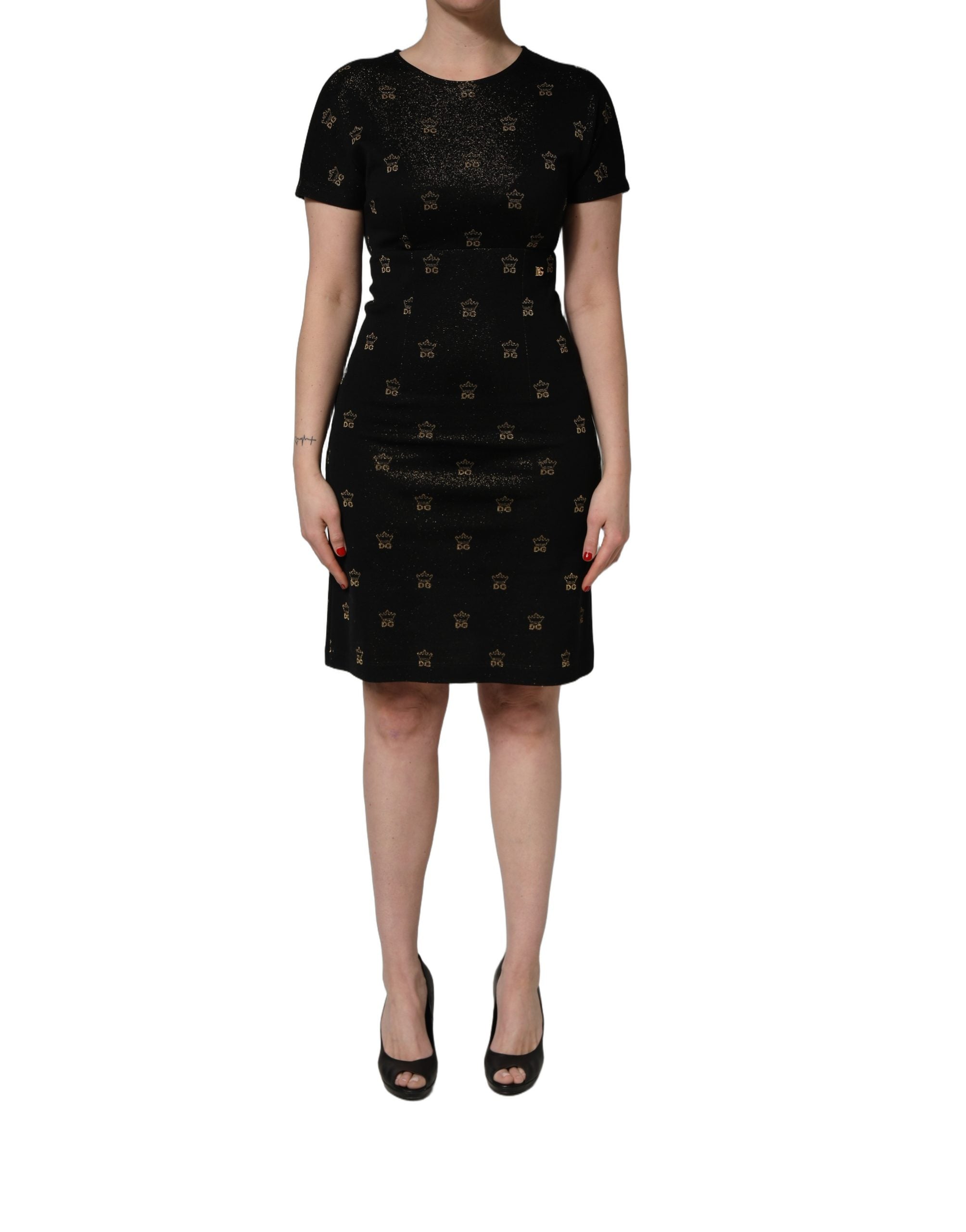 Dolce & Gabbana Schwarzes Etuikleid mit kurzen Ärmeln und DG-Krone-5