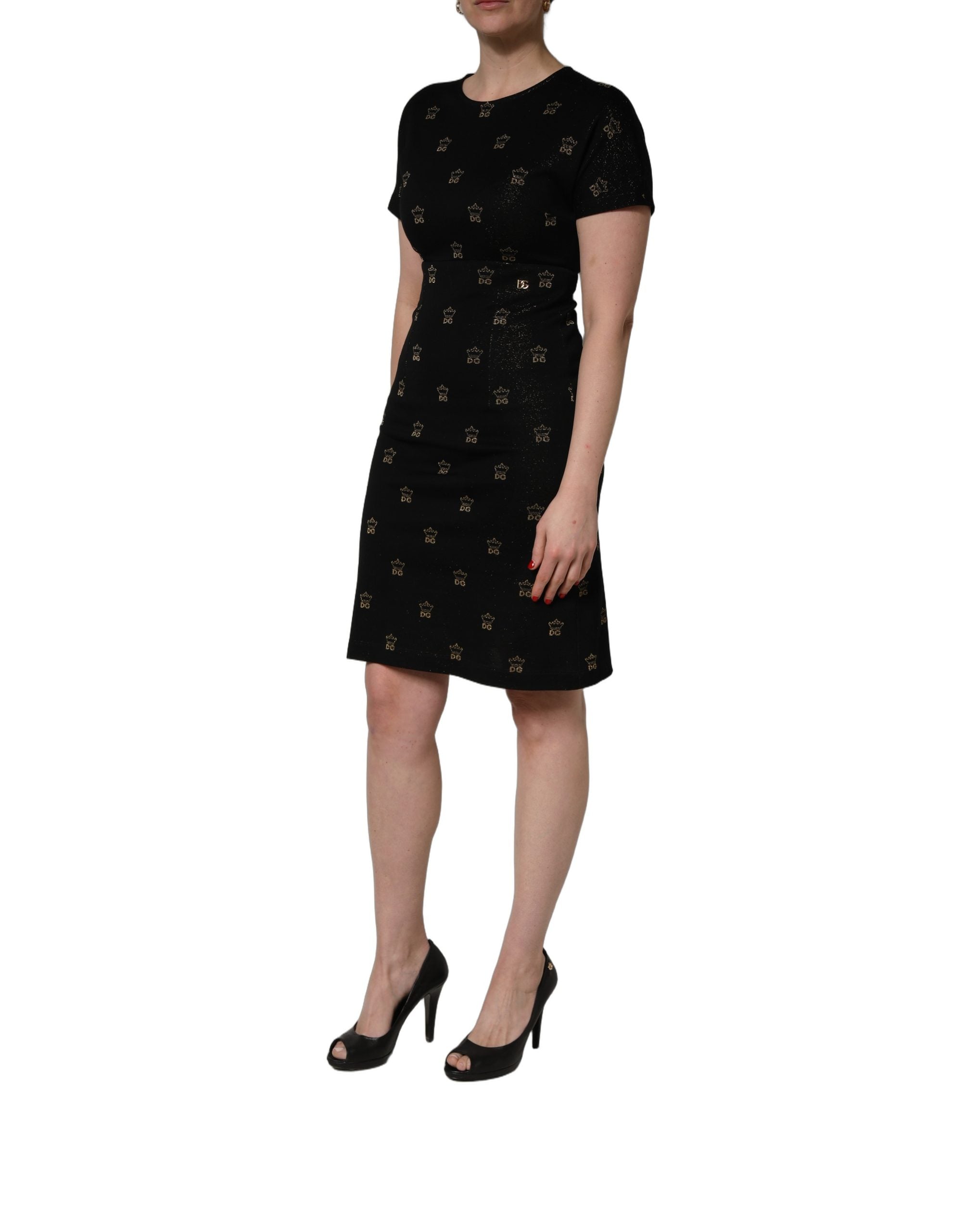 Dolce & Gabbana Schwarzes Etuikleid mit kurzen Ärmeln und DG-Krone-6