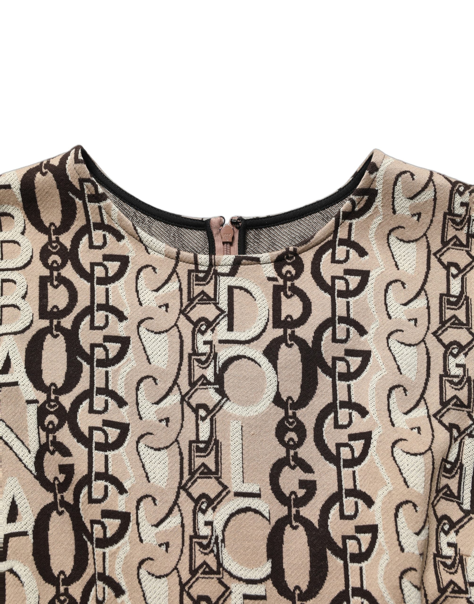 Dolce & Gabbana Braunes Etuikleid mit DG-Logo-Kette und kurzen Ärmeln-7