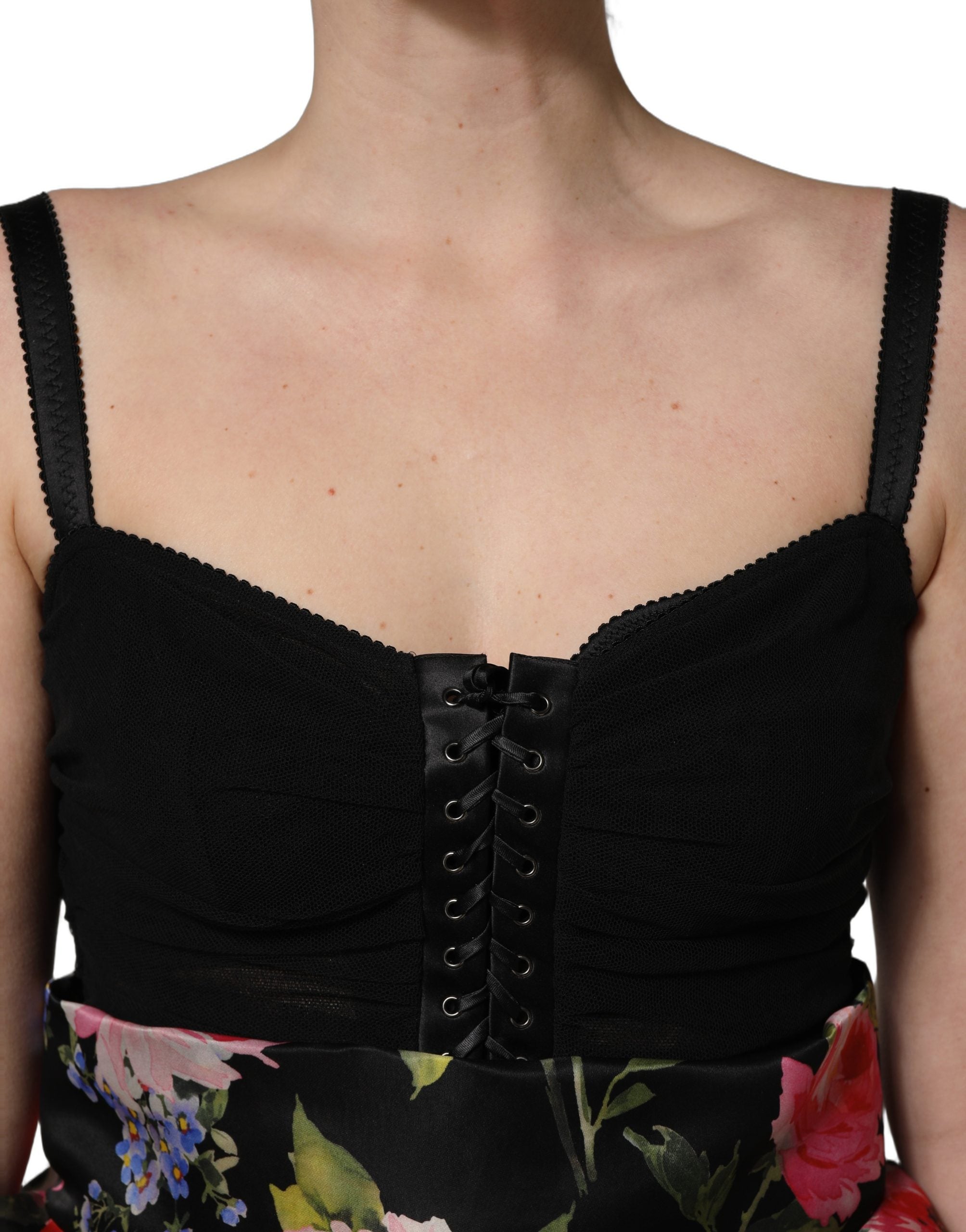 Dolce & Gabbana Schwarzes Bustier-Kleid ohne Ärmel mit Blumenprint und Stufenrock-2