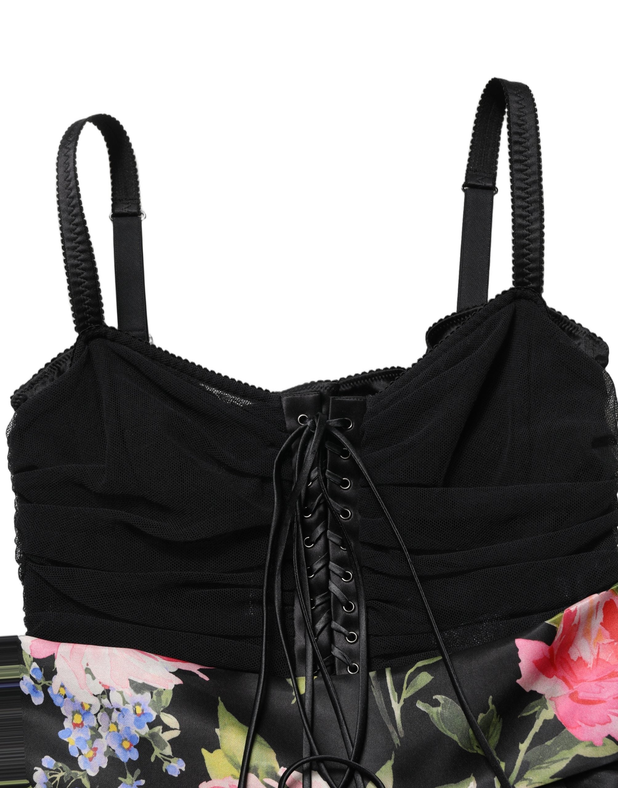 Dolce & Gabbana Schwarzes Bustier-Kleid ohne Ärmel mit Blumenprint und Stufenrock-3