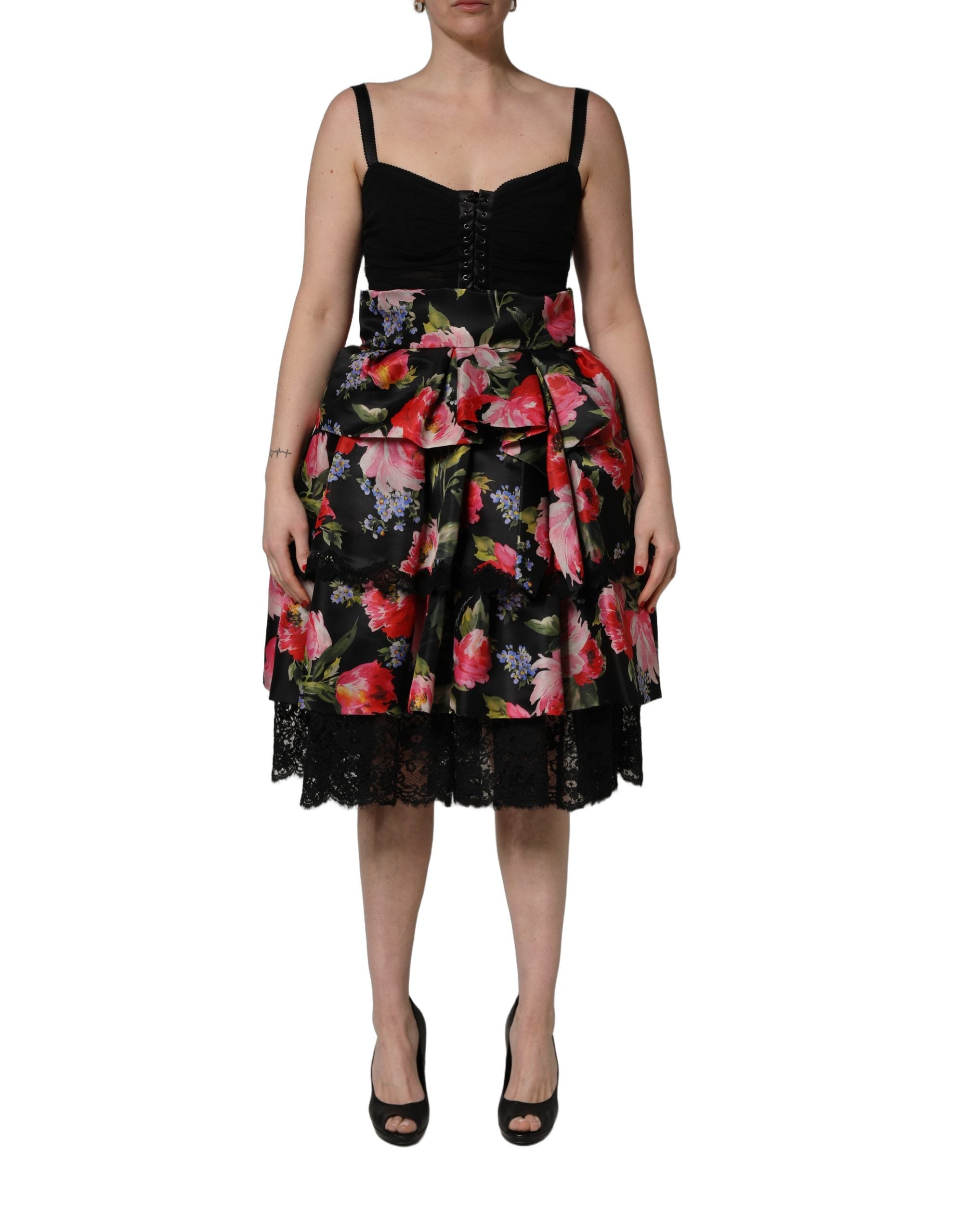 Dolce & Gabbana Schwarzes Bustier-Kleid ohne Ärmel mit Blumenprint und Stufenrock-5