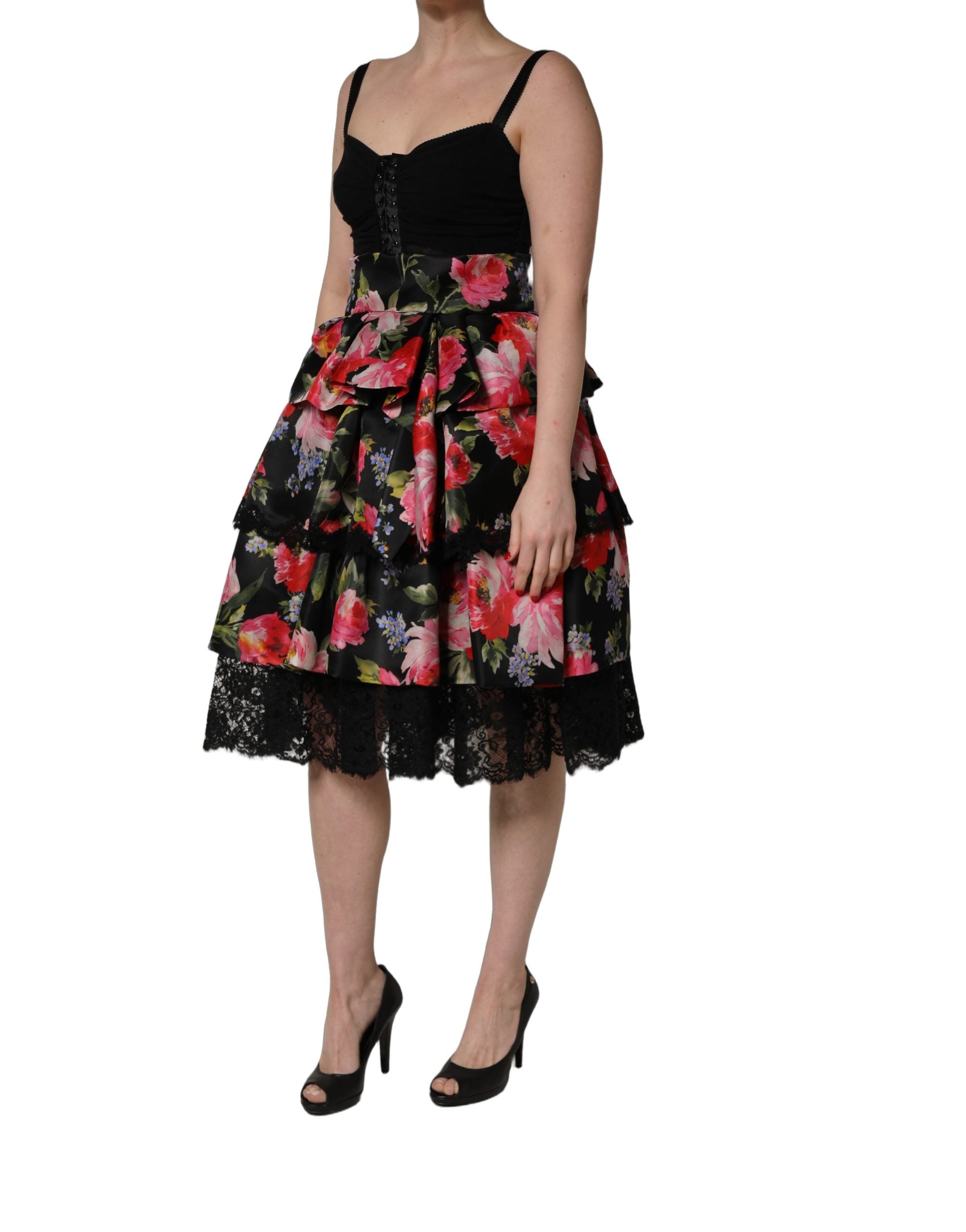 Dolce & Gabbana Schwarzes Bustier-Kleid ohne Ärmel mit Blumenprint und Stufenrock-6