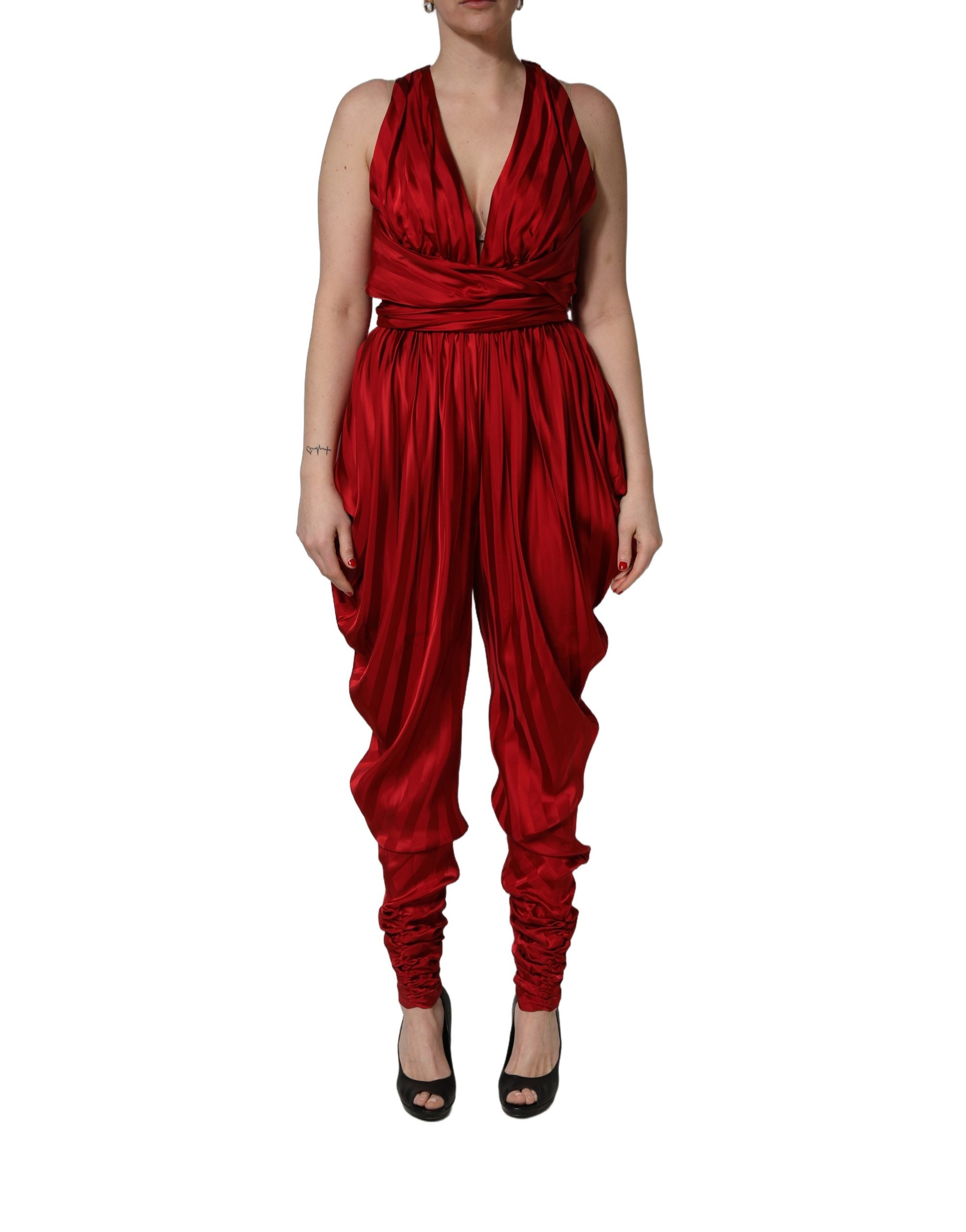 Dolce & Gabbana Roter Jumpsuit mit tiefem V-Ausschnitt und Drapierung-2