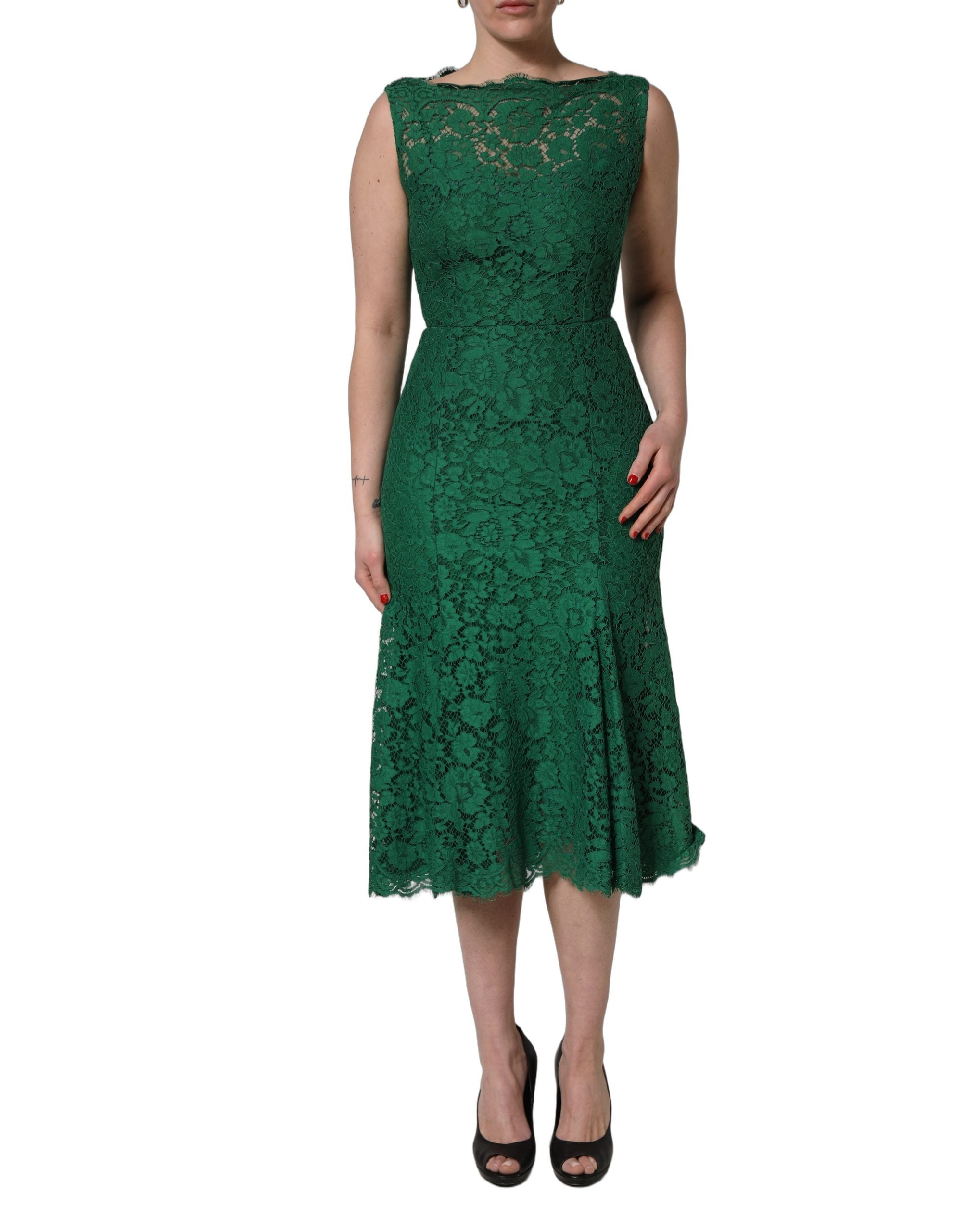 Dolce & Gabbana Green Cotton Floral Lace Sleeveless Midi Dress-2