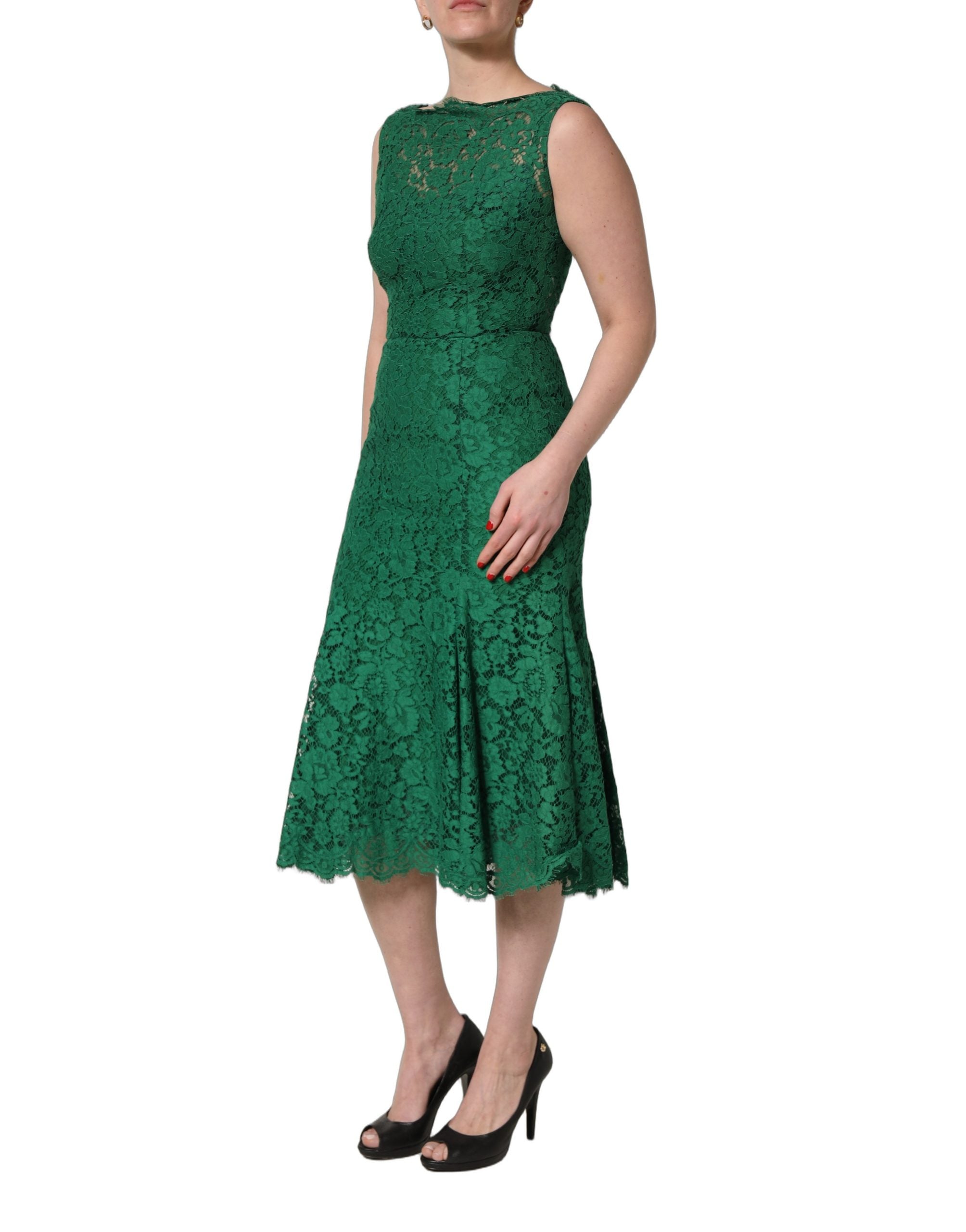 Dolce & Gabbana Green Cotton Floral Lace Sleeveless Midi Dress-3