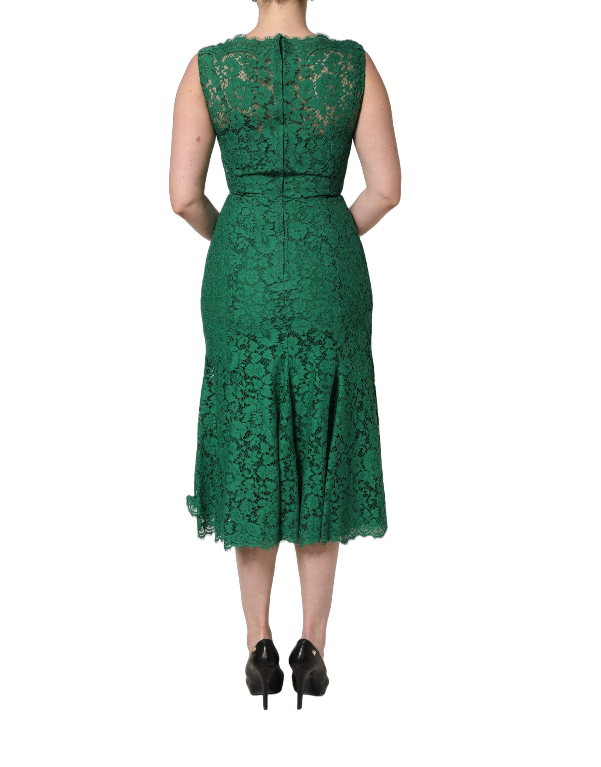 Dolce & Gabbana Green Cotton Floral Lace Sleeveless Midi Dress-4