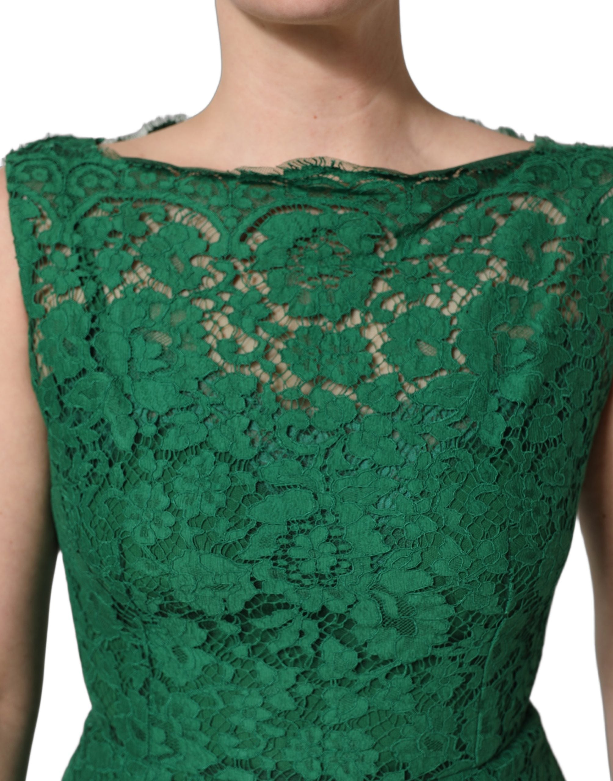Dolce & Gabbana Green Cotton Floral Lace Sleeveless Midi Dress-5