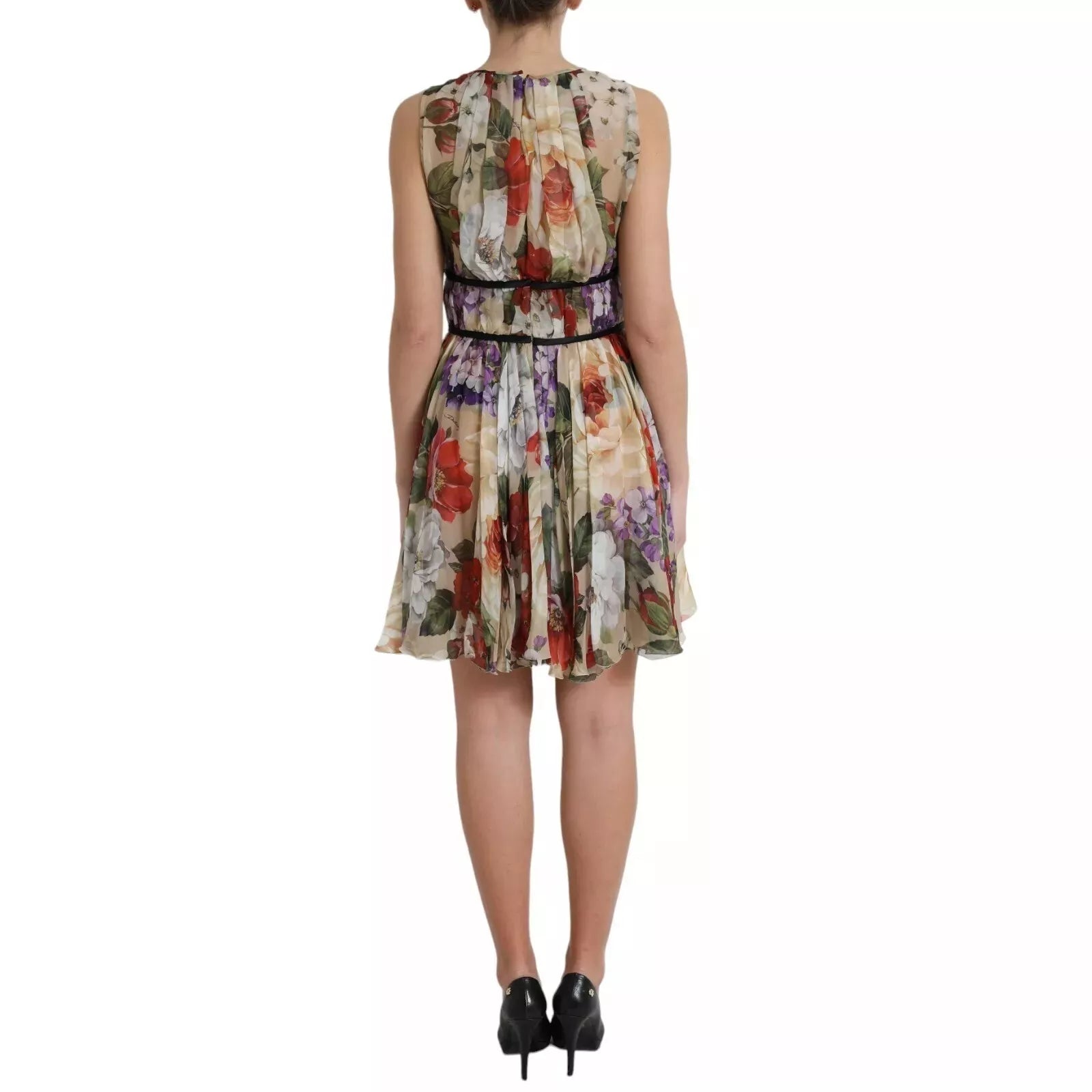 Dolce & Gabbana Beigefarbenes ärmelloses Minikleid in A-Linie mit Blumenmuster-1