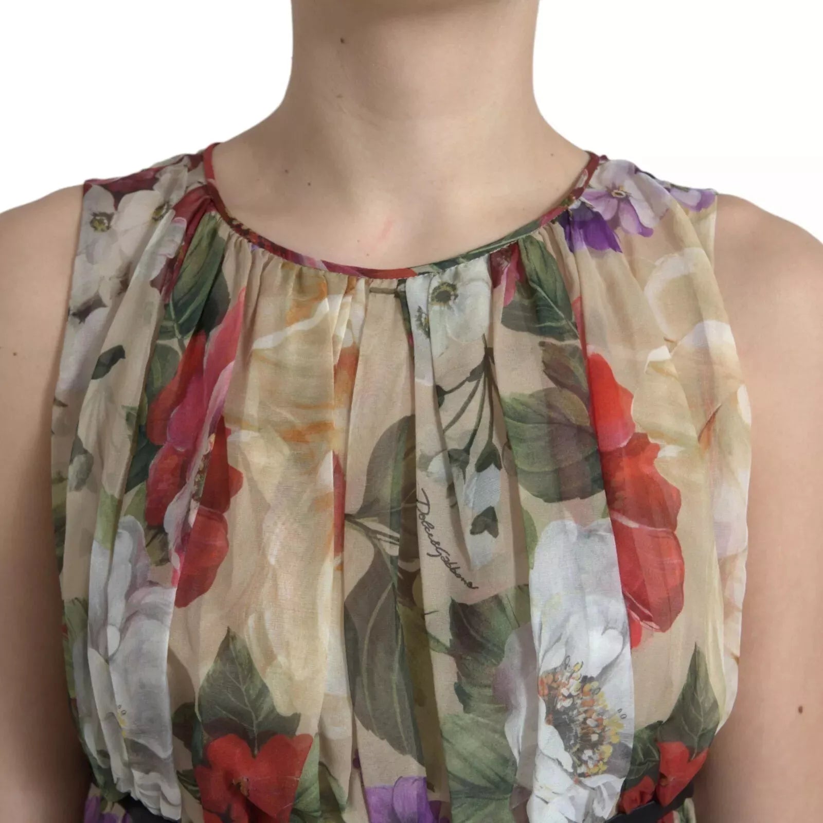Dolce & Gabbana Beigefarbenes ärmelloses Minikleid in A-Linie mit Blumenmuster-2
