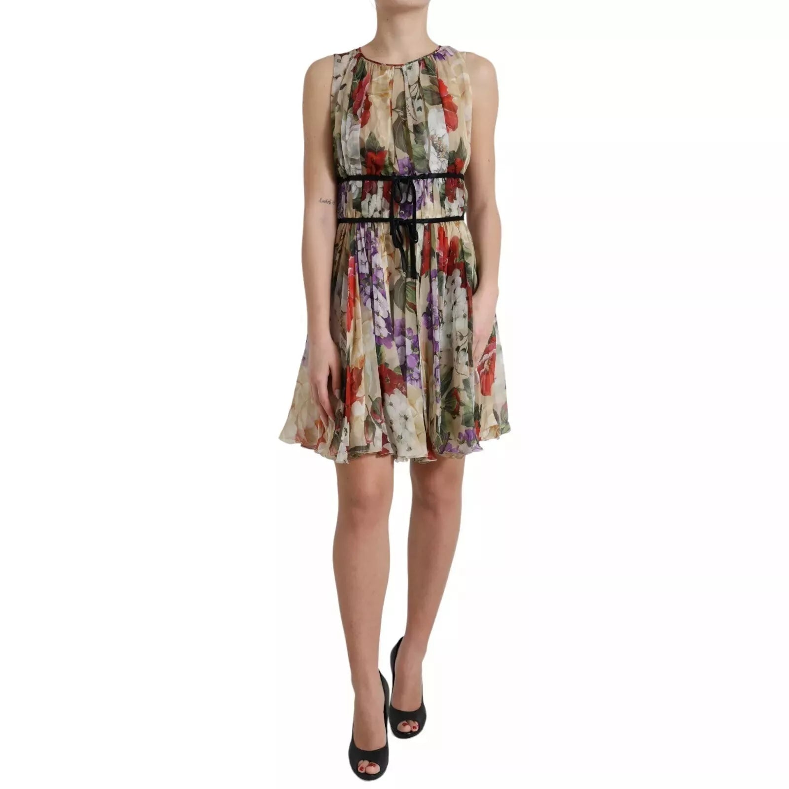 Dolce & Gabbana Beigefarbenes ärmelloses Minikleid in A-Linie mit Blumenmuster-3