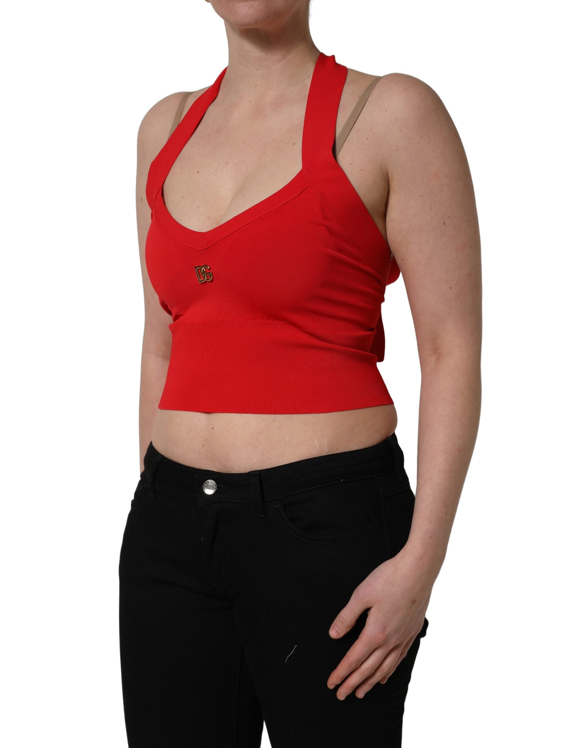 Dolce & Gabbana Rotes ärmelloses Neckholder-Crop-Top aus Viskose-4