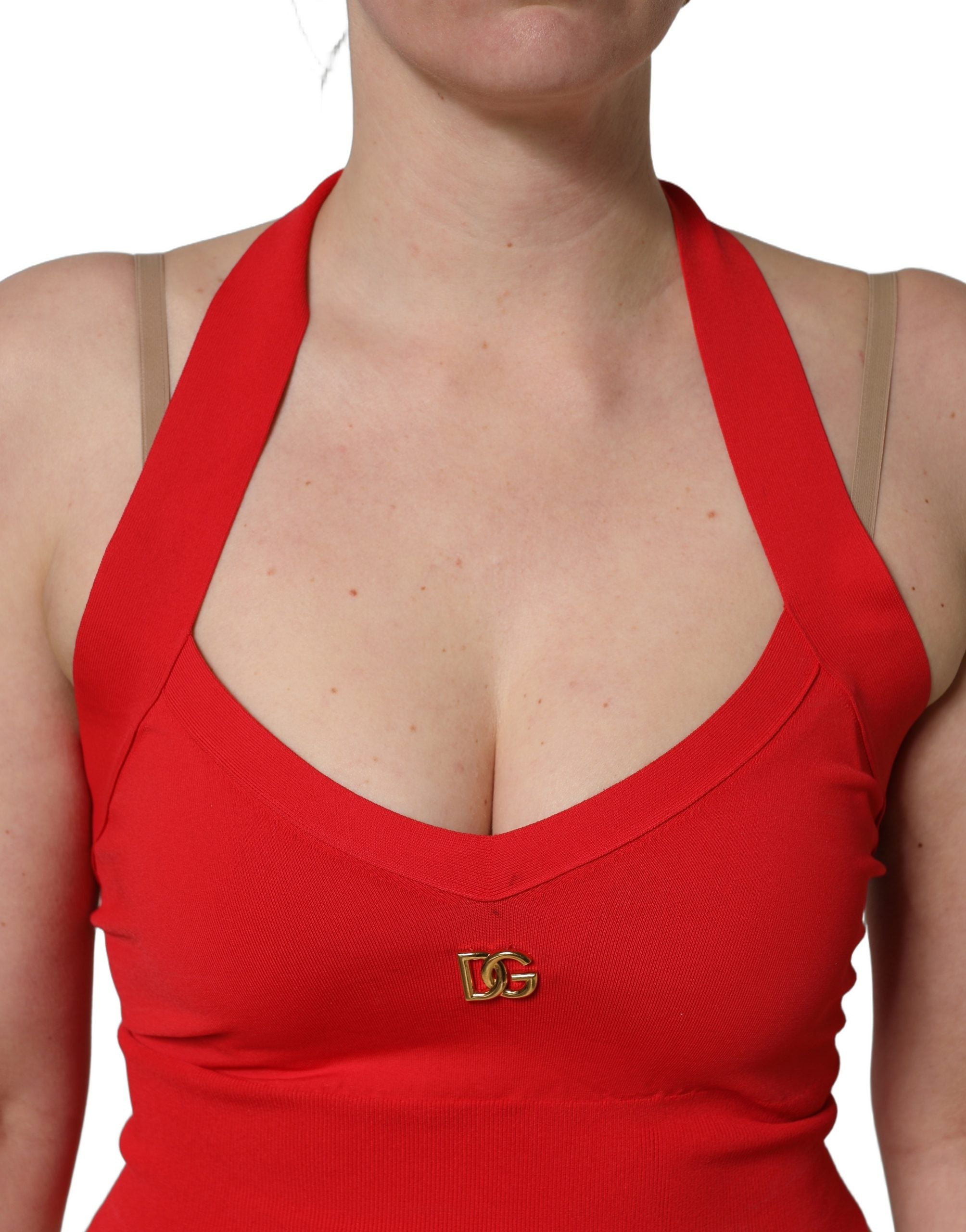 Dolce & Gabbana Rotes ärmelloses Neckholder-Crop-Top aus Viskose-6