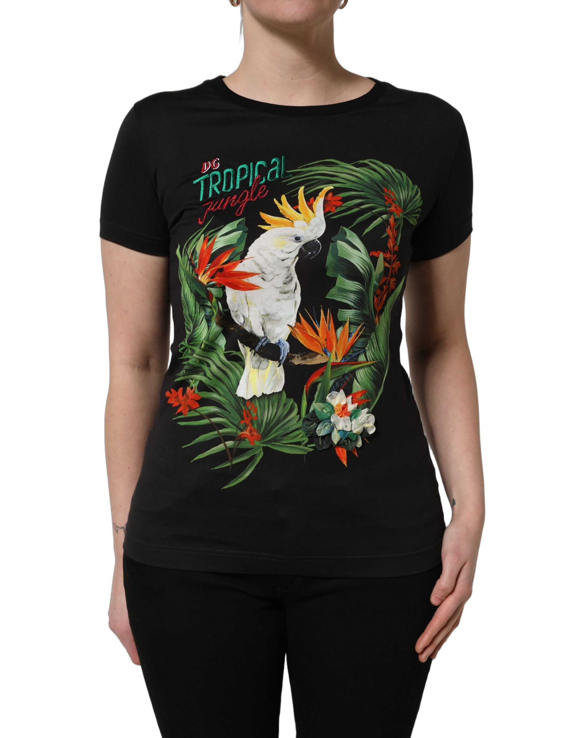 Dolce & Gabbana Black Cotton Tropical Print Crewneck T-Shirt-3
