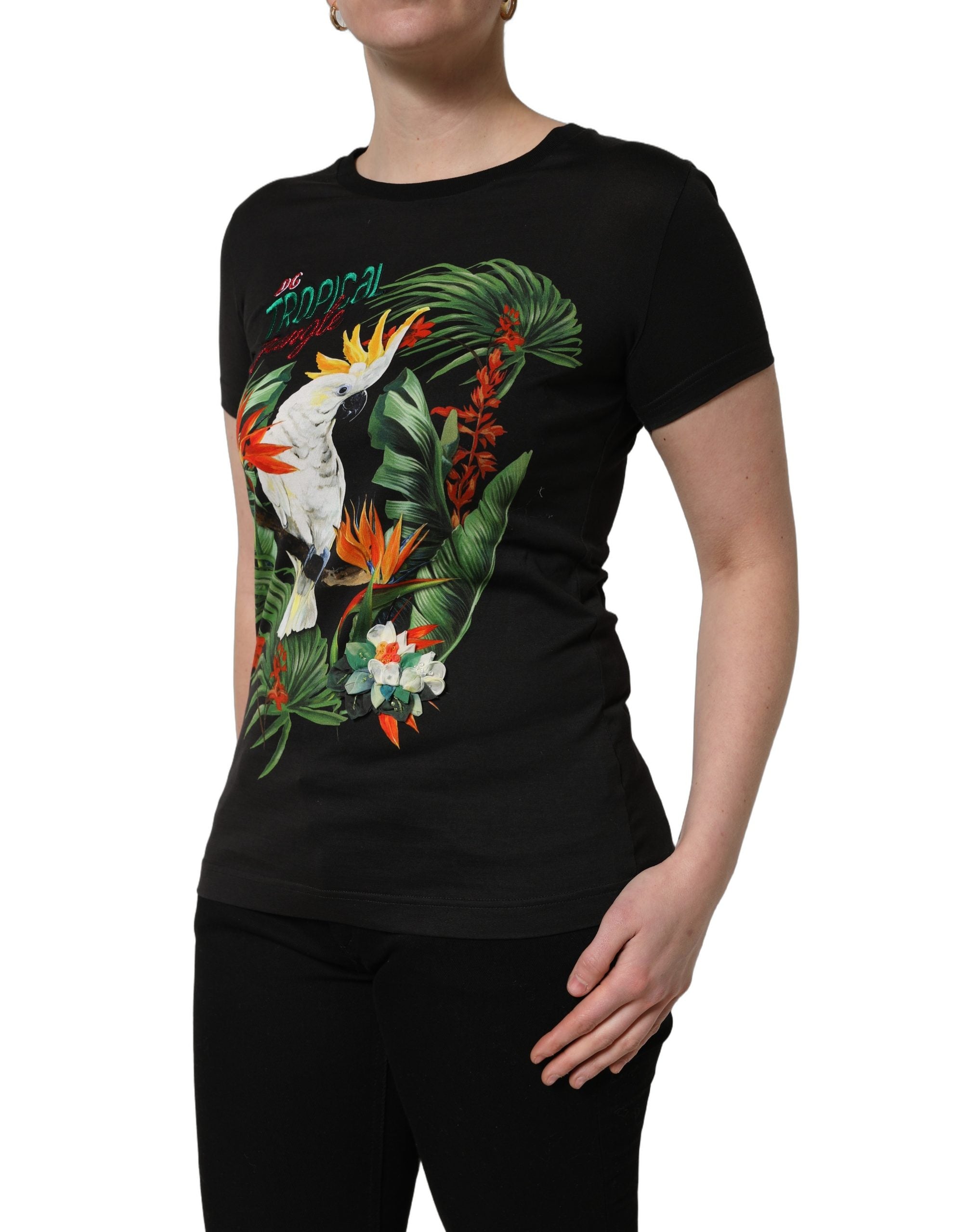 Dolce & Gabbana Black Cotton Tropical Print Crewneck T-Shirt-4
