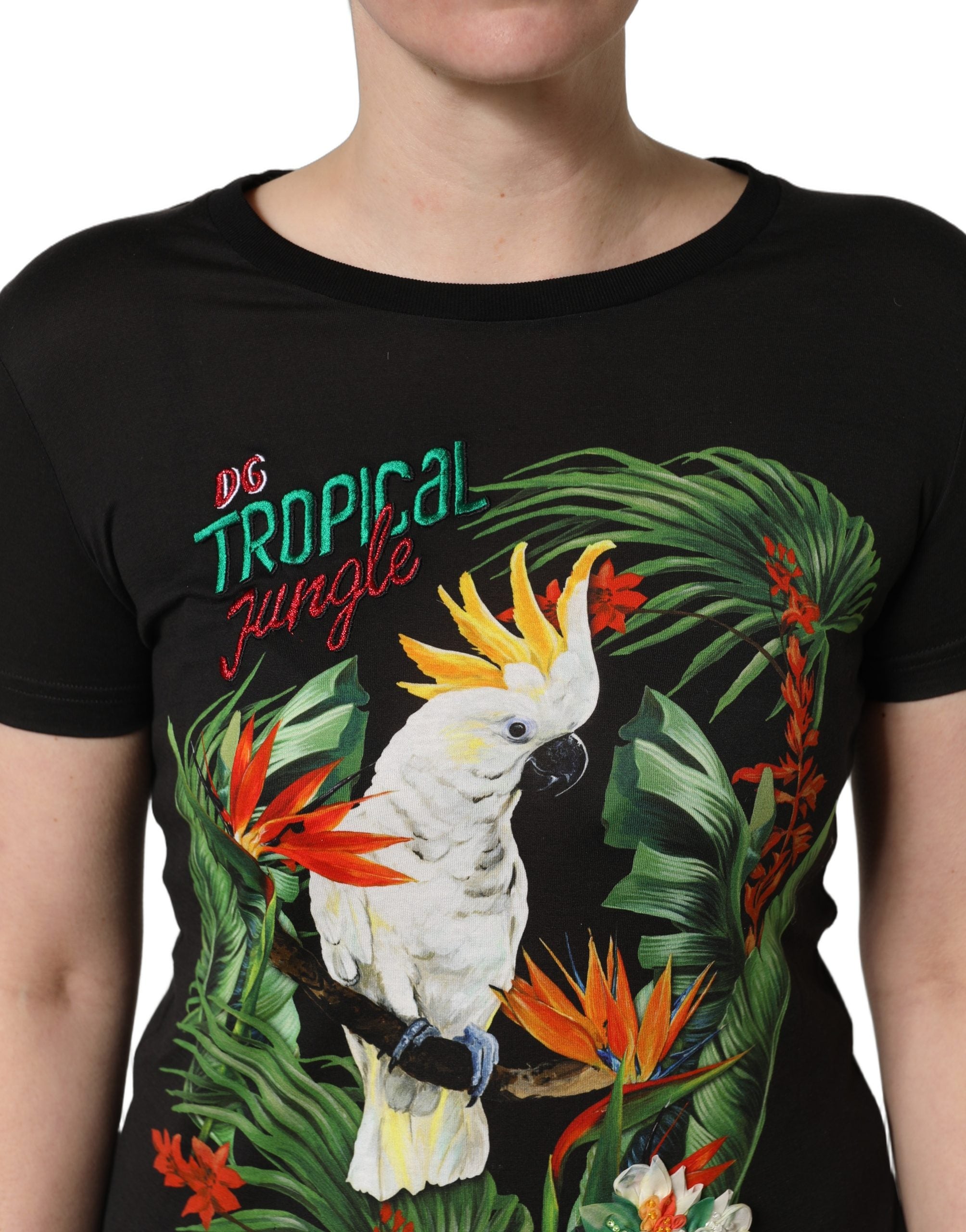 Dolce & Gabbana Black Cotton Tropical Print Crewneck T-Shirt-6