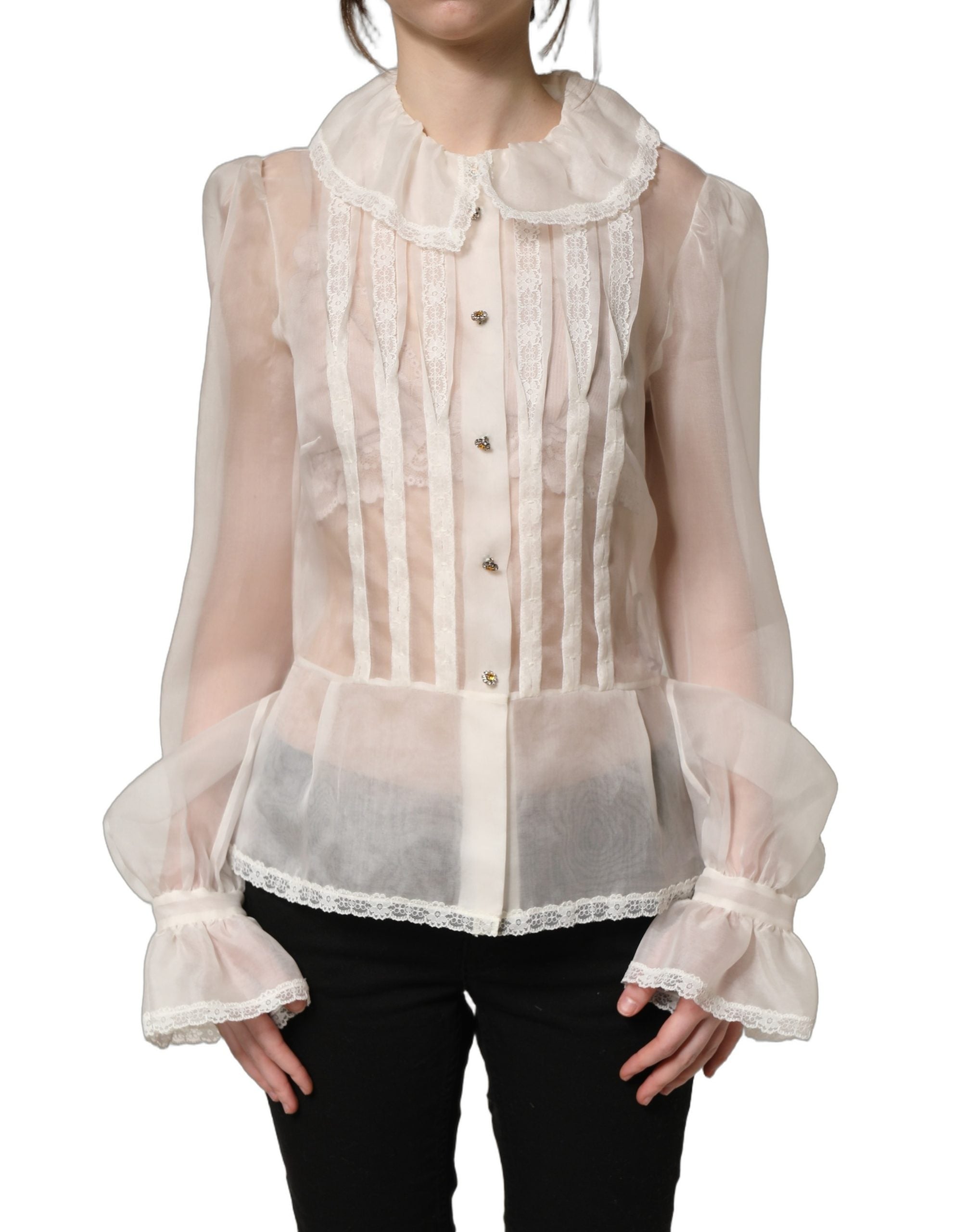 Dolce & Gabbana Weiße Rüschen-Bluse aus transparentem Seiden-Mix mit Knöpfen-2