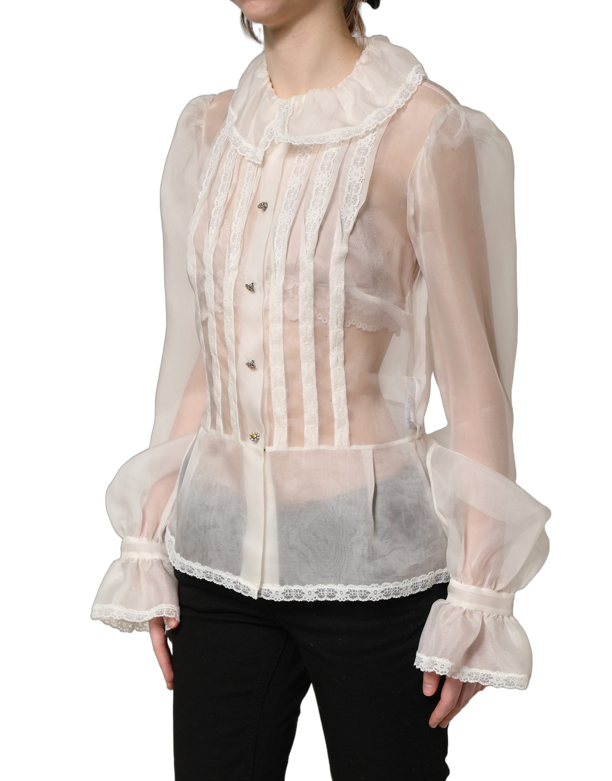 Dolce & Gabbana Weiße Rüschen-Bluse aus transparentem Seiden-Mix mit Knöpfen-4