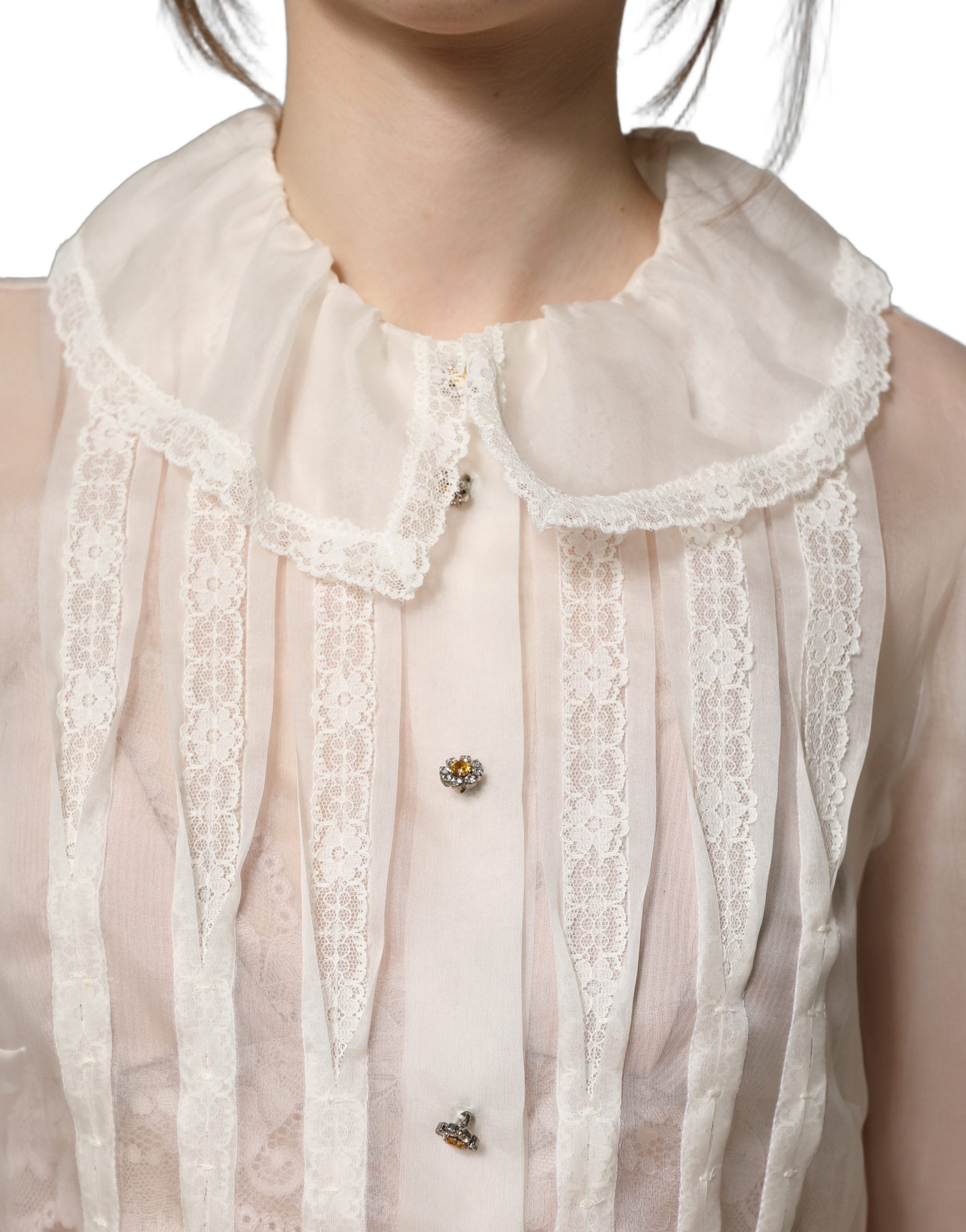 Dolce & Gabbana Weiße Rüschen-Bluse aus transparentem Seiden-Mix mit Knöpfen-5