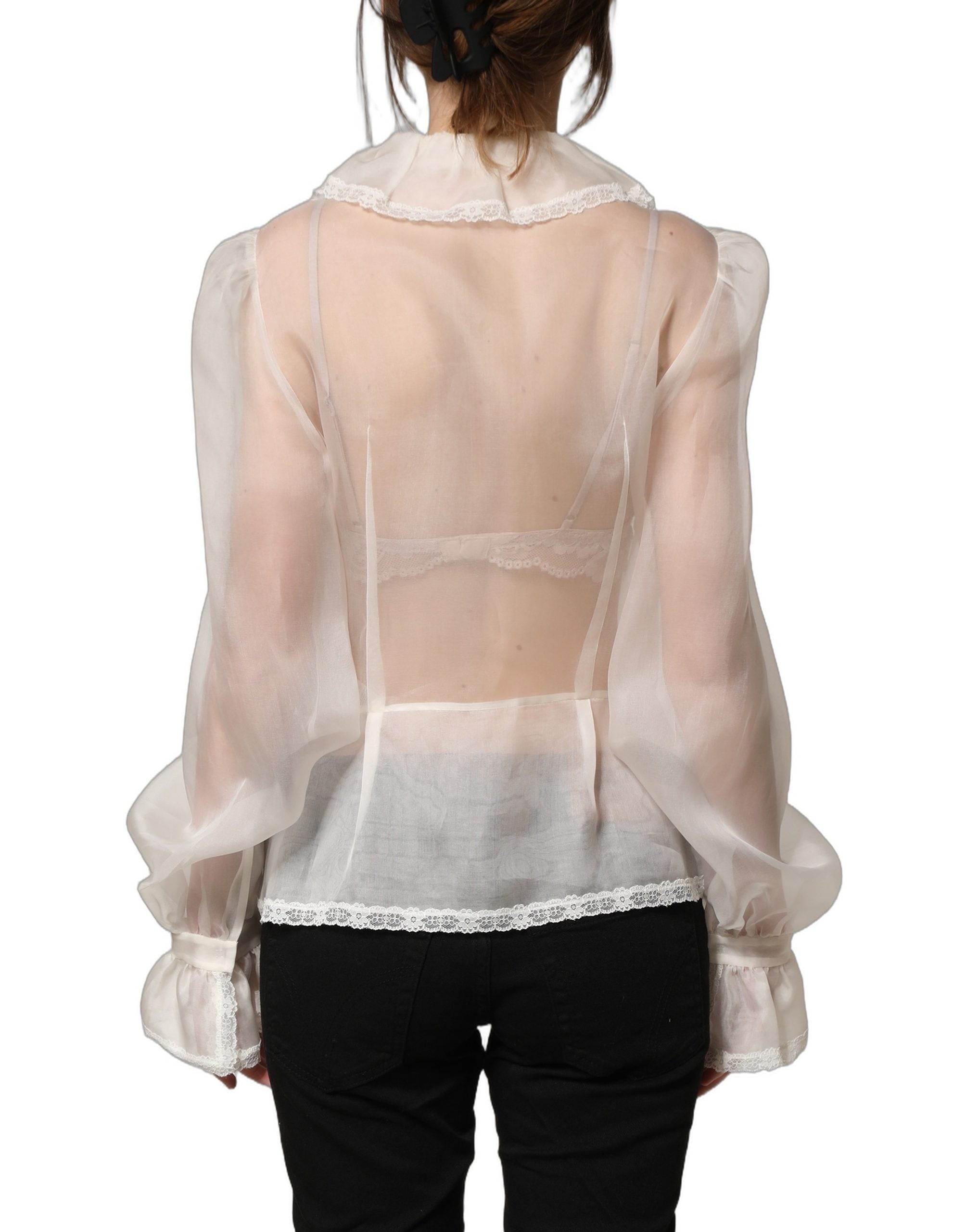 Dolce & Gabbana Weiße Rüschen-Bluse aus transparentem Seiden-Mix mit Knöpfen-6