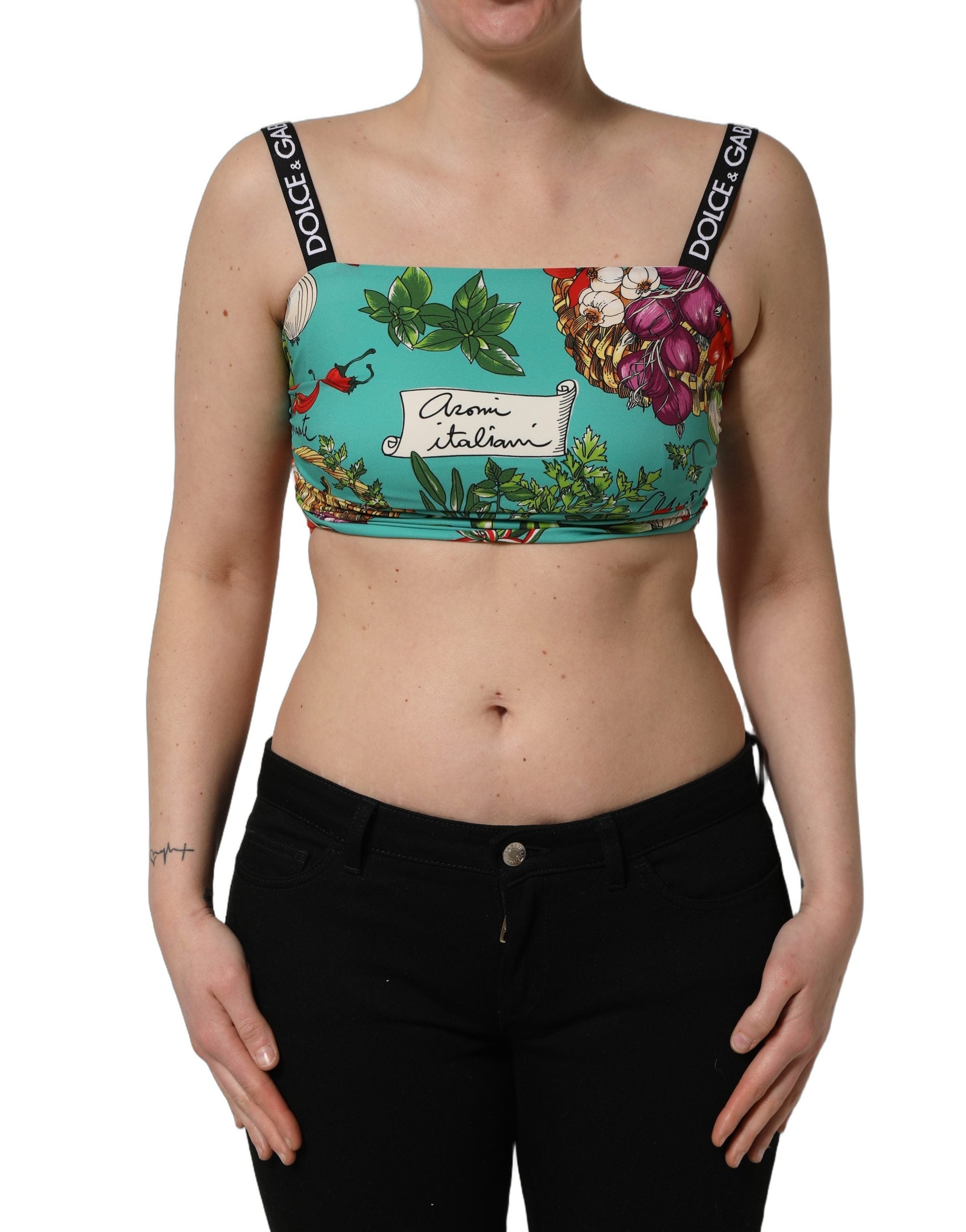 Dolce & Gabbana Türkisfarbener Seiden-Crop-Top mit Gemüseprint-2