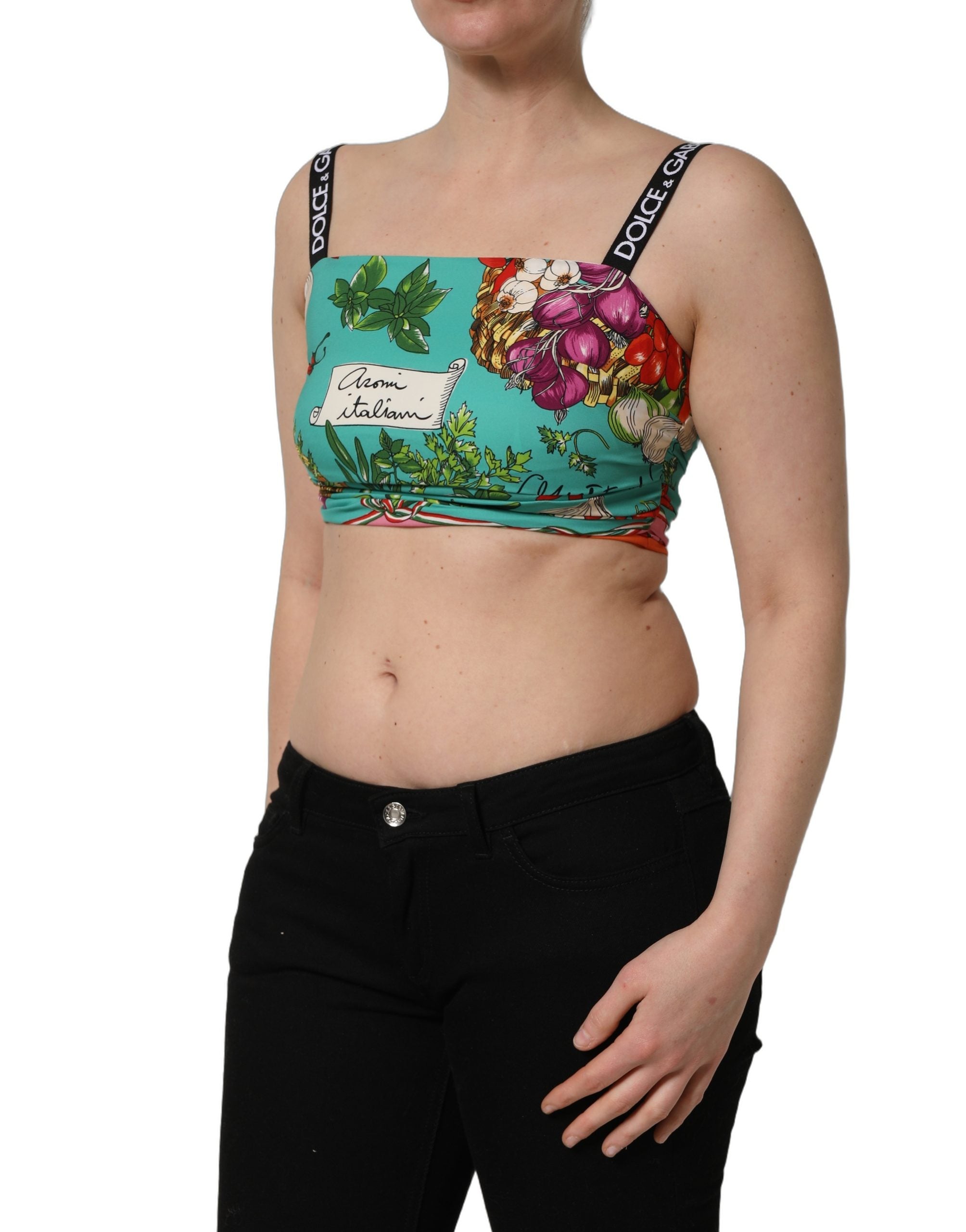 Dolce & Gabbana Türkisfarbener Seiden-Crop-Top mit Gemüseprint-3