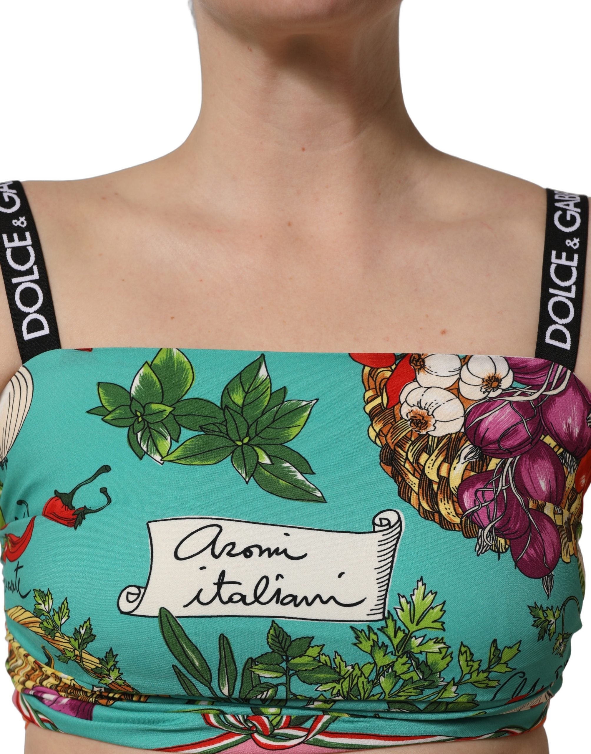 Dolce & Gabbana Türkisfarbener Seiden-Crop-Top mit Gemüseprint-5