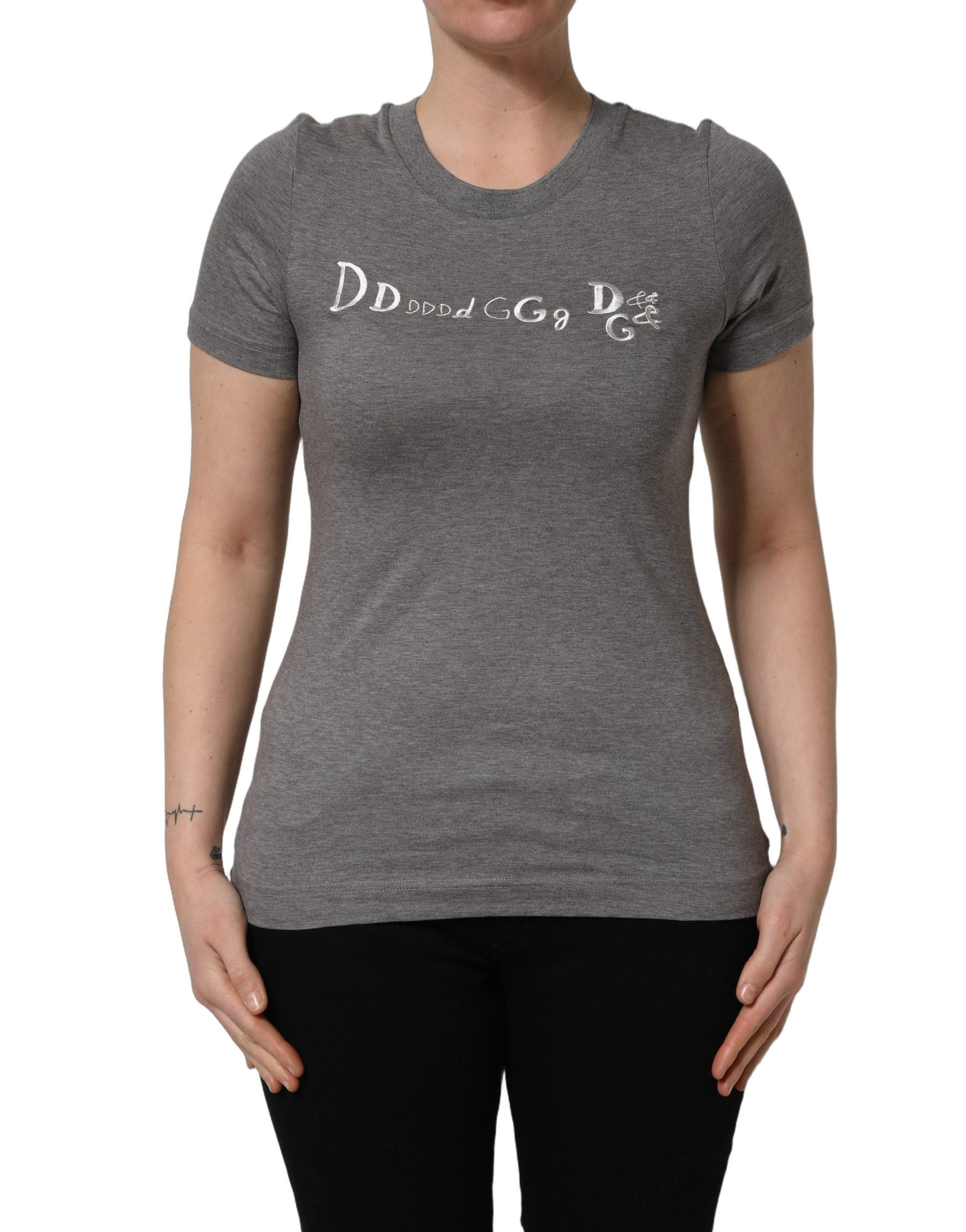 Dolce & Gabbana Graues Kurzarm-T-Shirt mit Logo-Stickerei-3