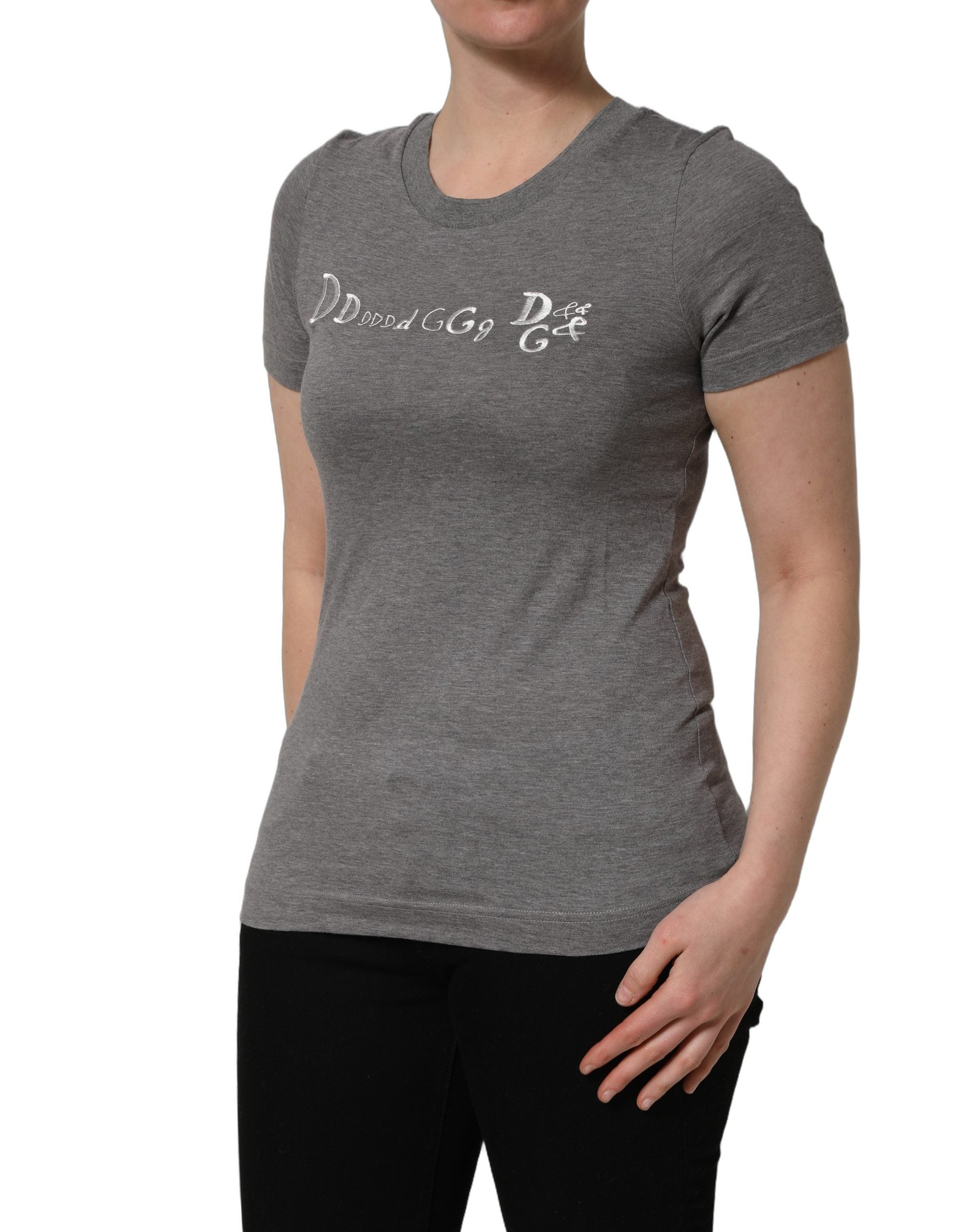 Dolce & Gabbana Graues Kurzarm-T-Shirt mit Logo-Stickerei-4