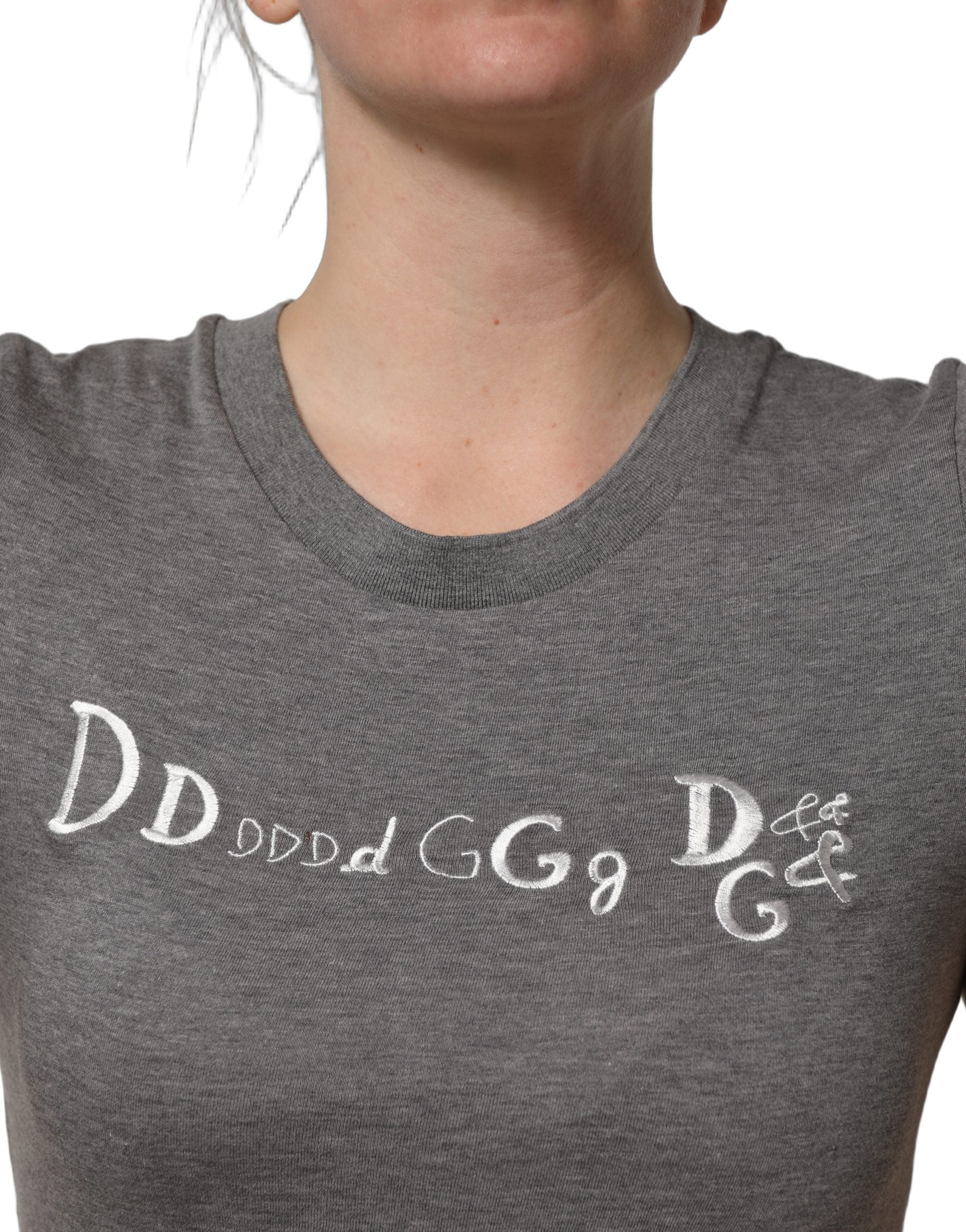 Dolce & Gabbana Graues Kurzarm-T-Shirt mit Logo-Stickerei-6