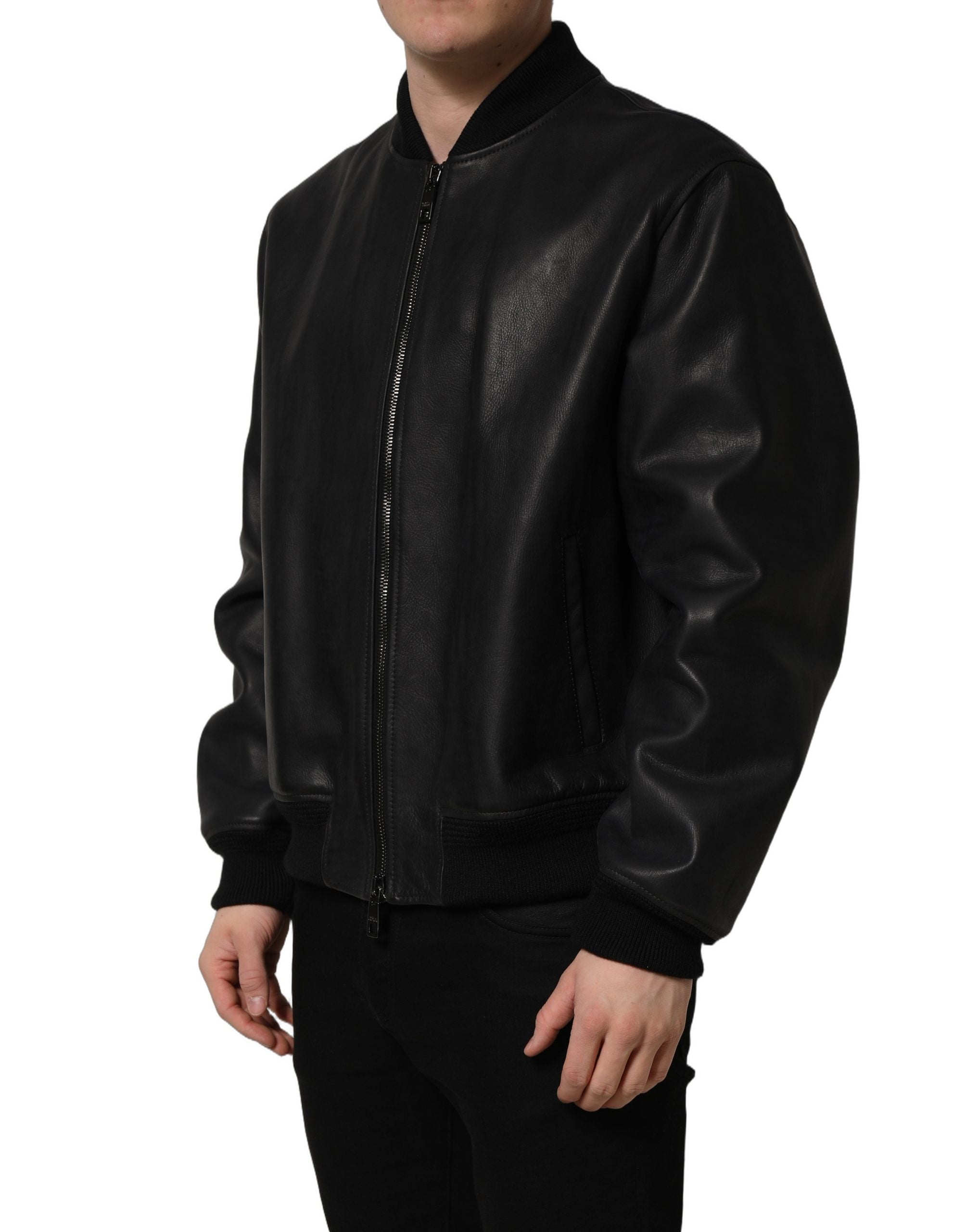 Dolce & Gabbana Men's Black Leather Full Zip Biker Jacket-4