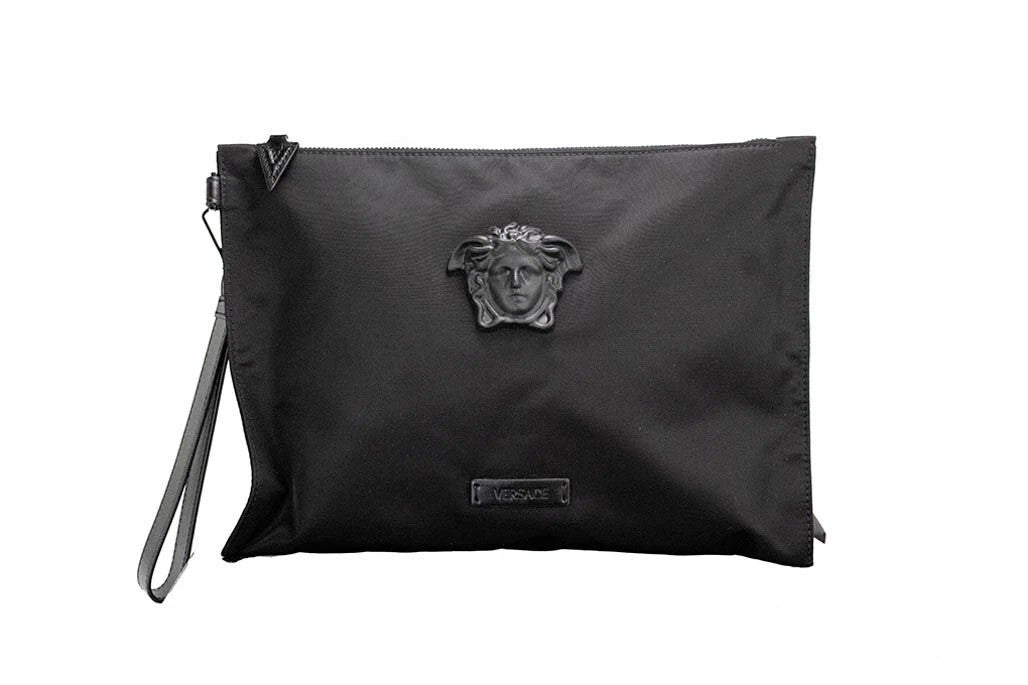 Versace Large Black Nylon Medusa Pouch, Can Be Worn as a Clutch and Wristlet